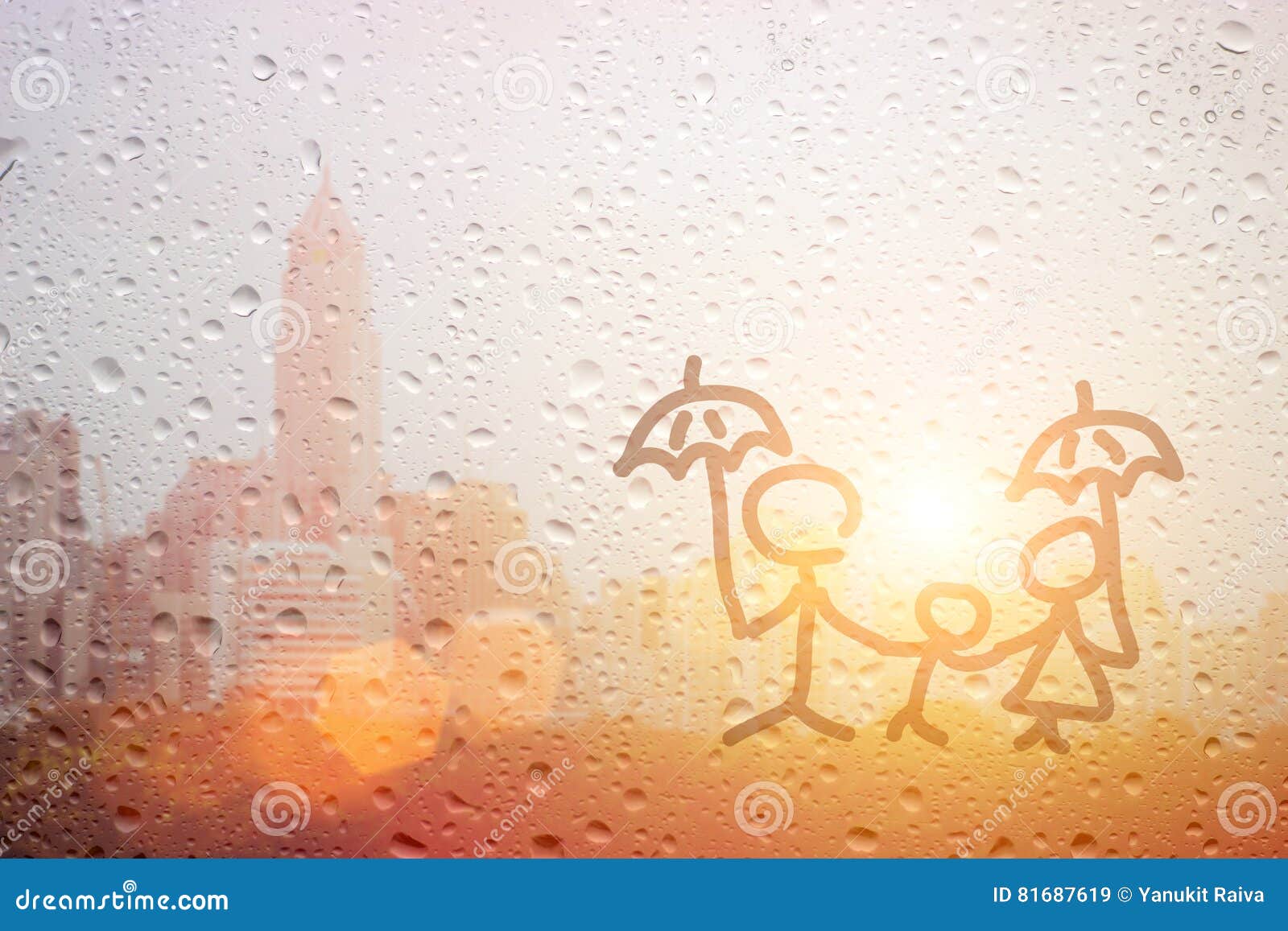 draw family dad mum and child hand with umbrella in the raining