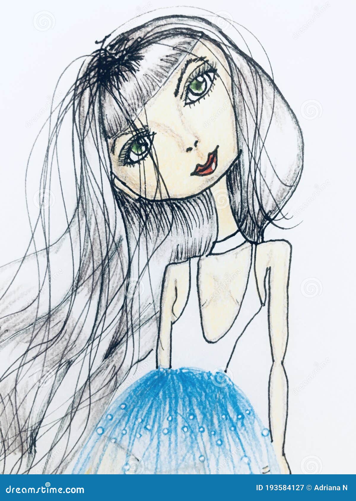 Draw of a Girl with Straight Hair Stock Image - Image of blue, skirt:  193584127