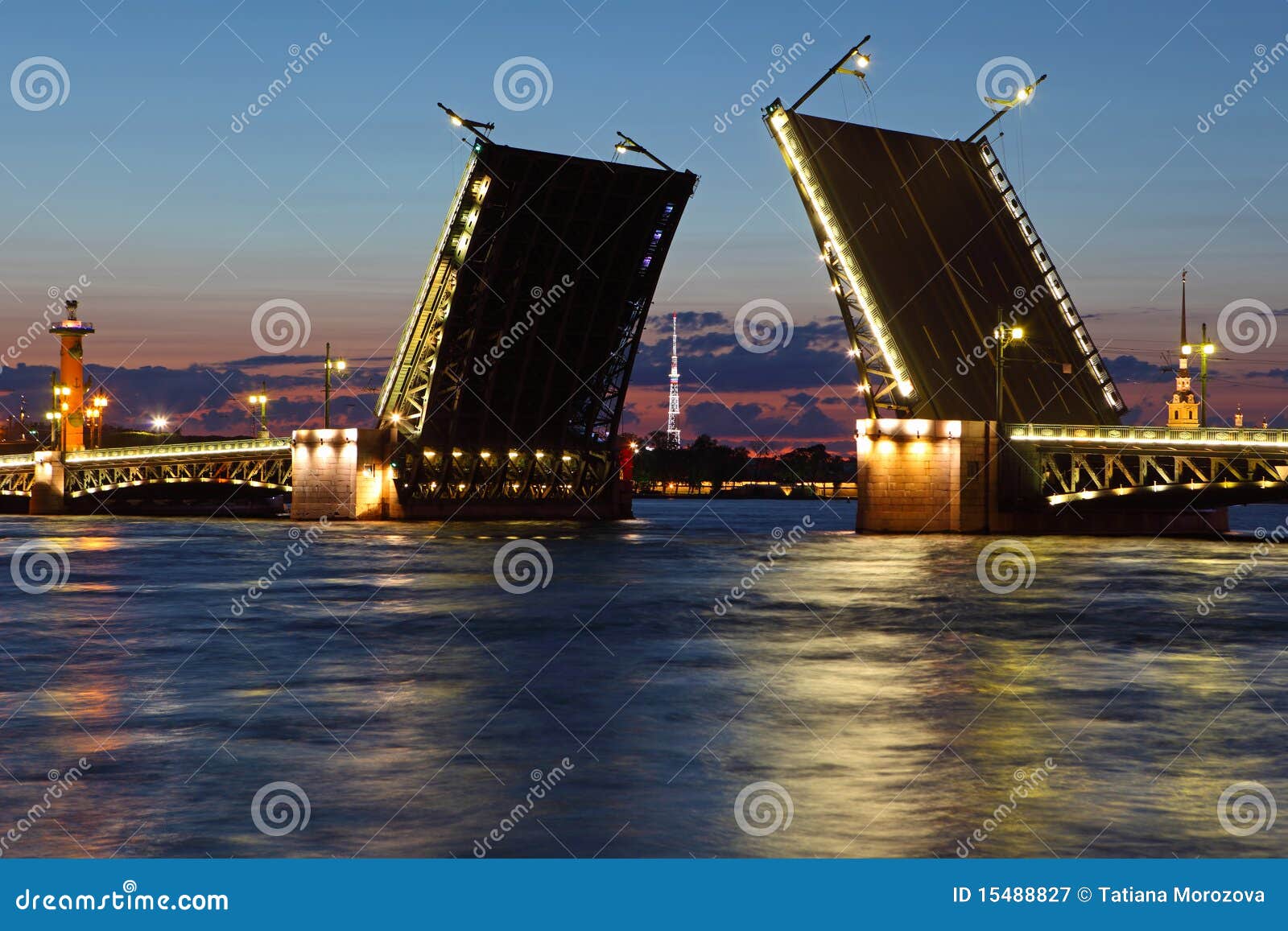 drawbridge in st. petersburg at night.