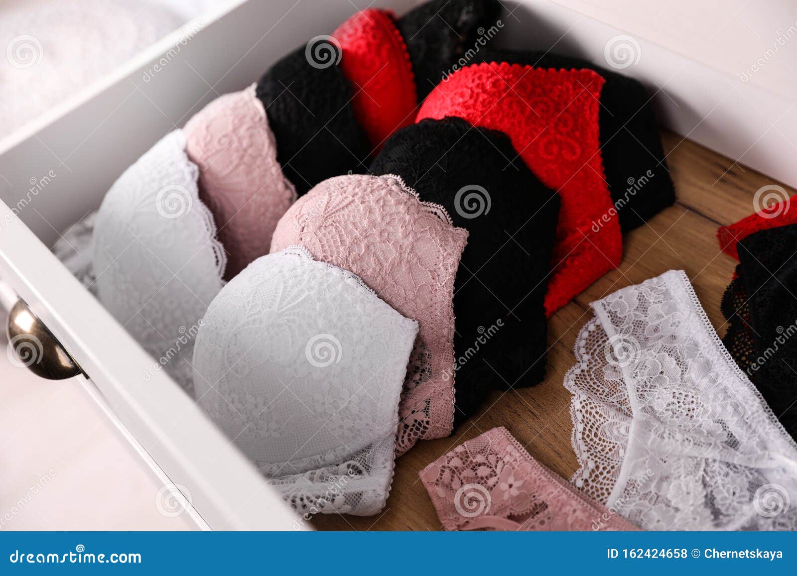 Drawer with Beautiful Female Lace Underwear Stock Photo - Image of black,  breast: 162424658