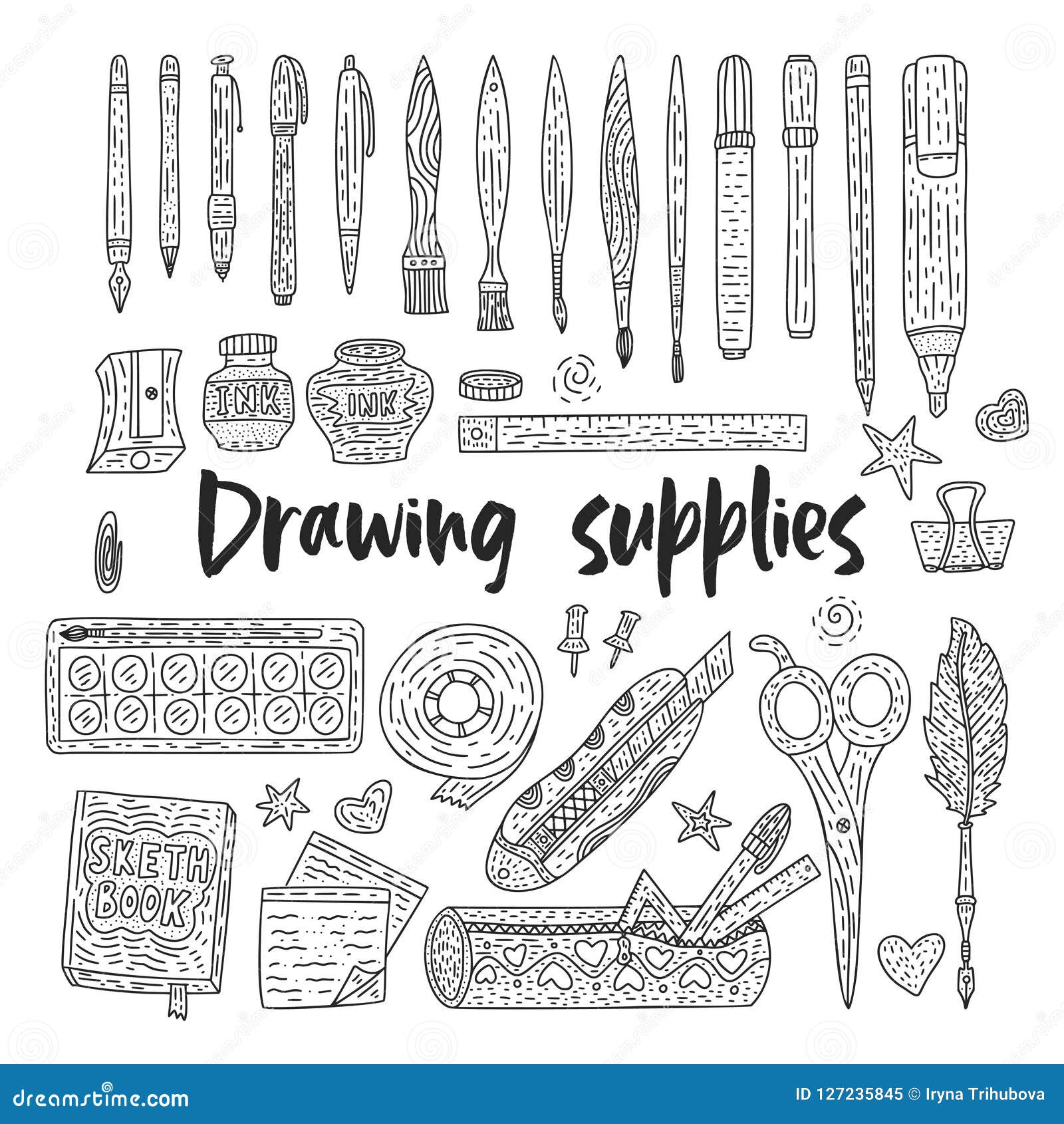 Drawing Accessories Outline Vector Set. Doodle Color Drawing Supplies for  School and Office. Stock Vector - Illustration of pencil, cartoon: 127235845