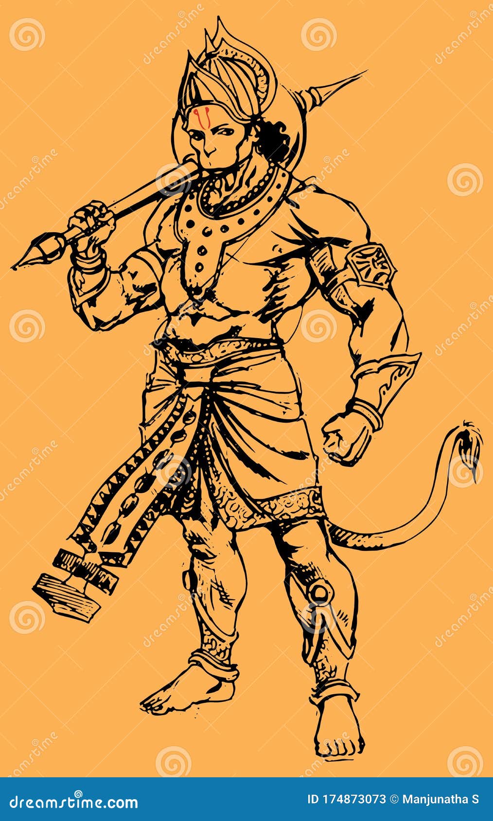 Drawing of Angry Body Build Standing Lord Hanuman with His Weapon ...