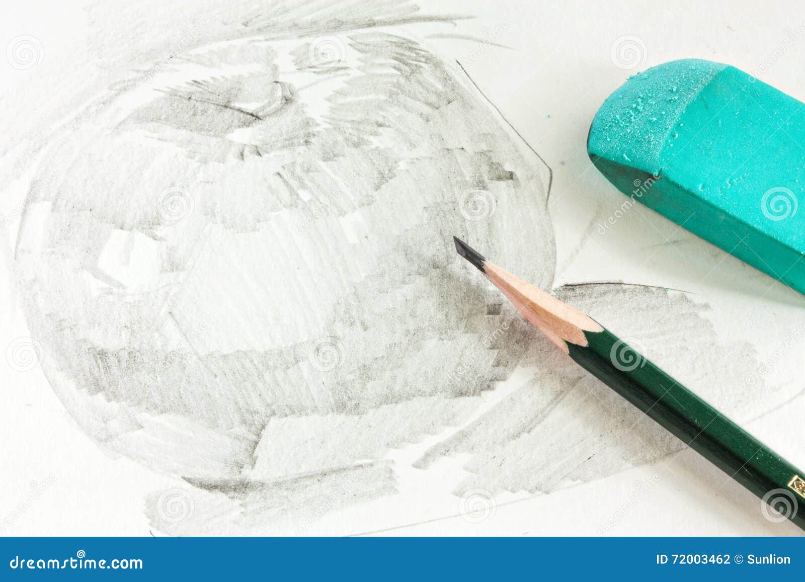 Drawing of Apple by Graphite Pencil with Pencil and Eraser Stock Photo