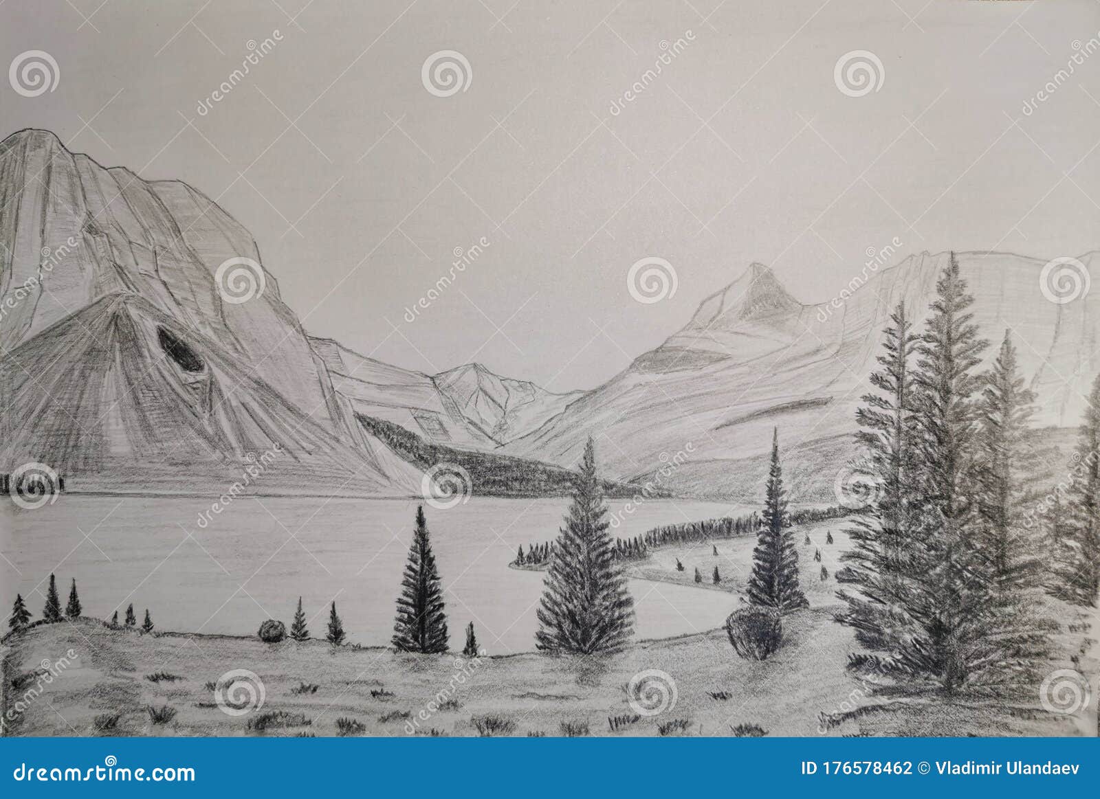 Drawing a Beautiful Landscape in Pencil Stock Photo - Image of ...