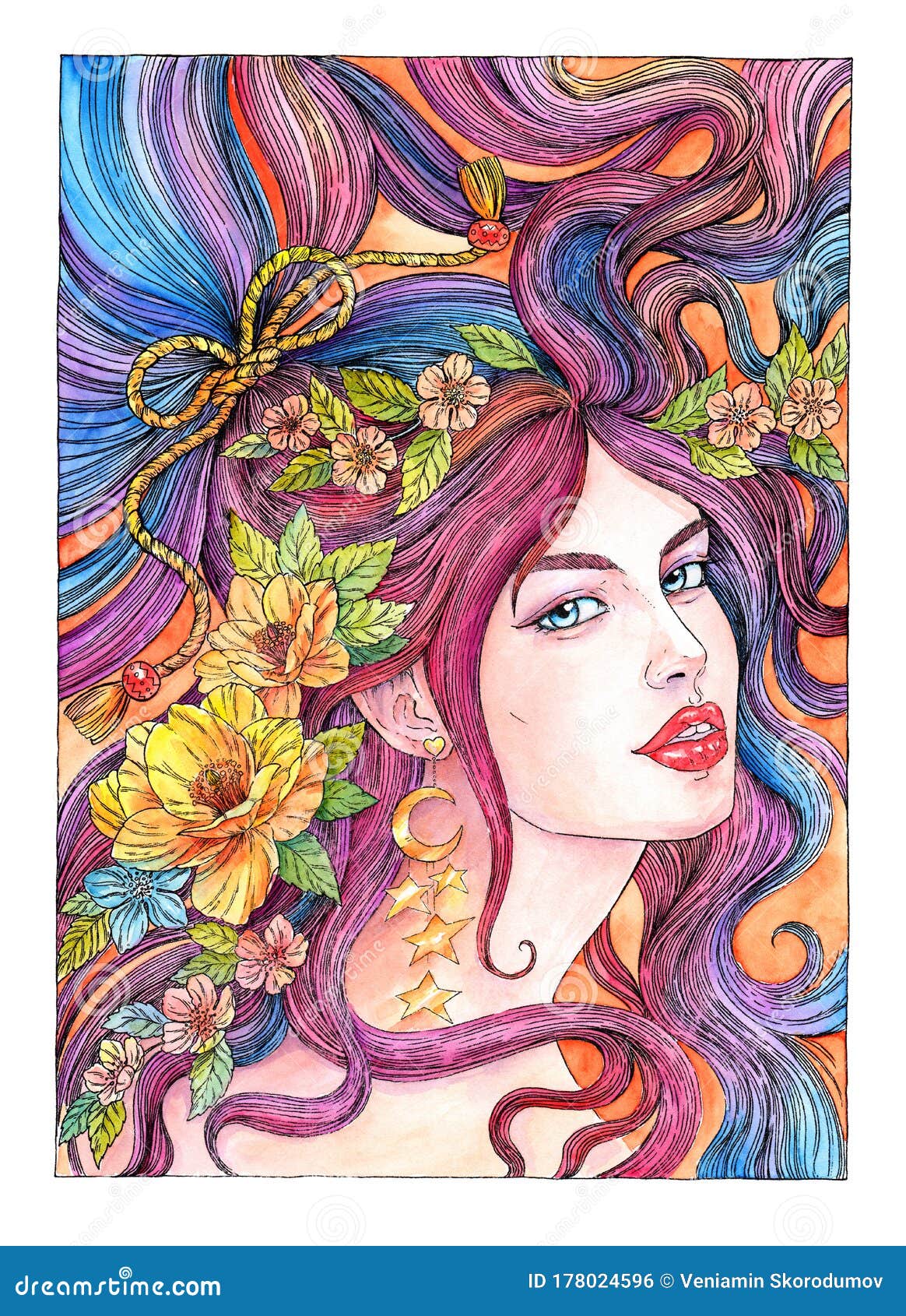 Drawing Beautiful Young Woman with Flying Hair and Flowers Stock