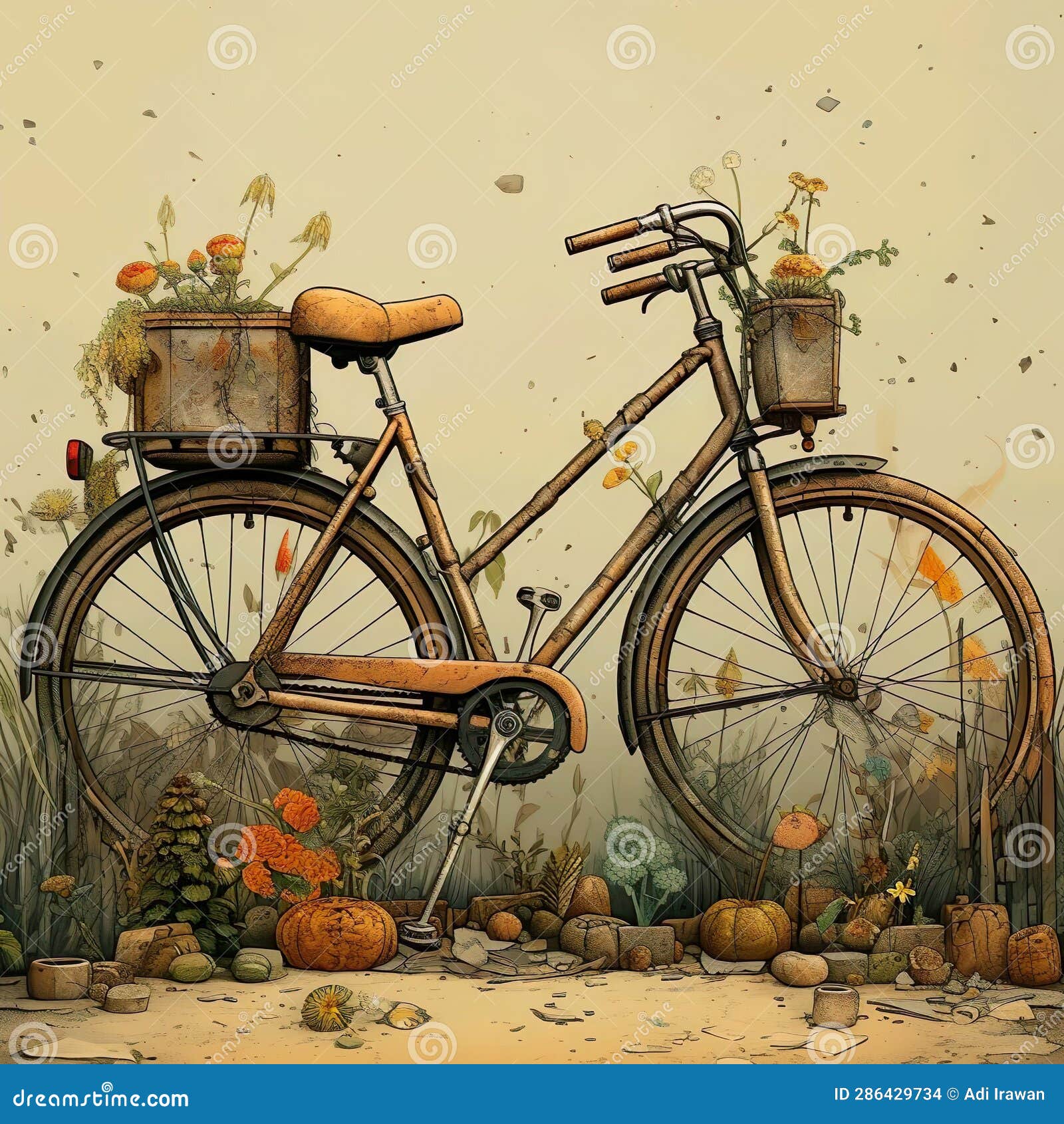 A Drawing of a Bicycle with a Basket on the Front and Back it Stock