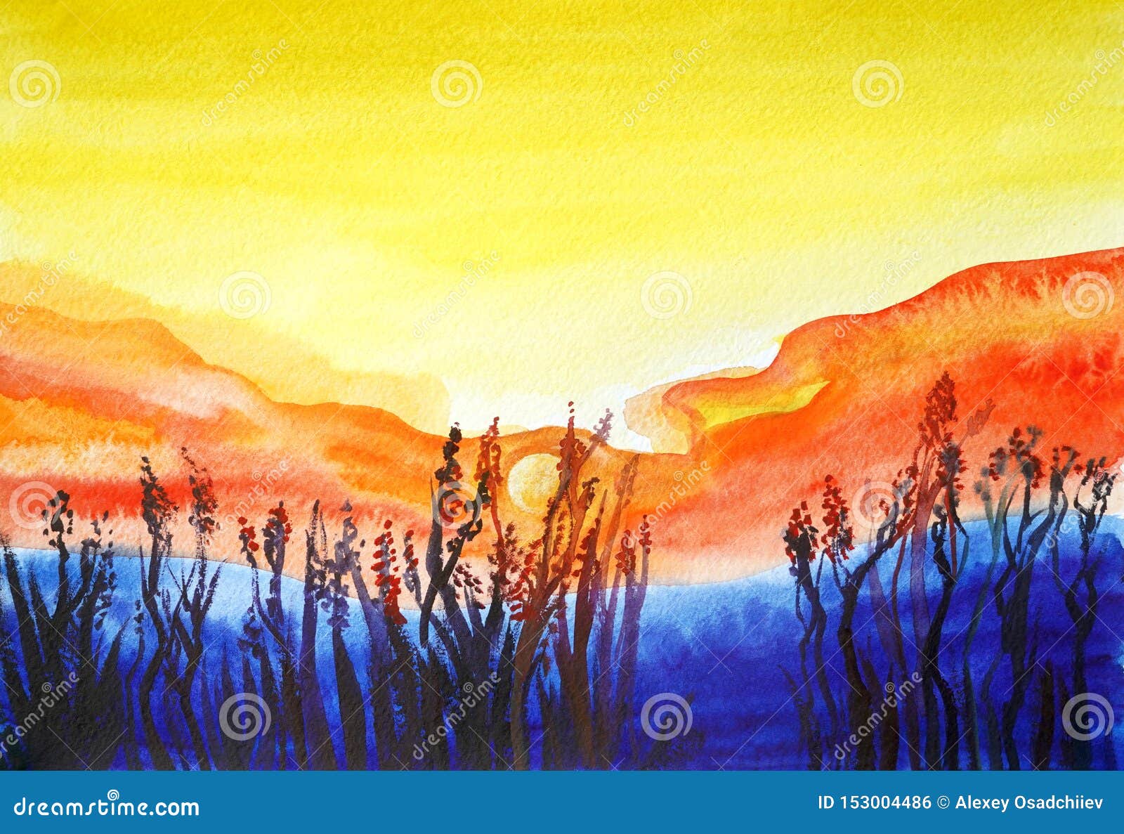 Drawing Of Bright Sunset Sunrise Over The Sea Or Blue Mountains