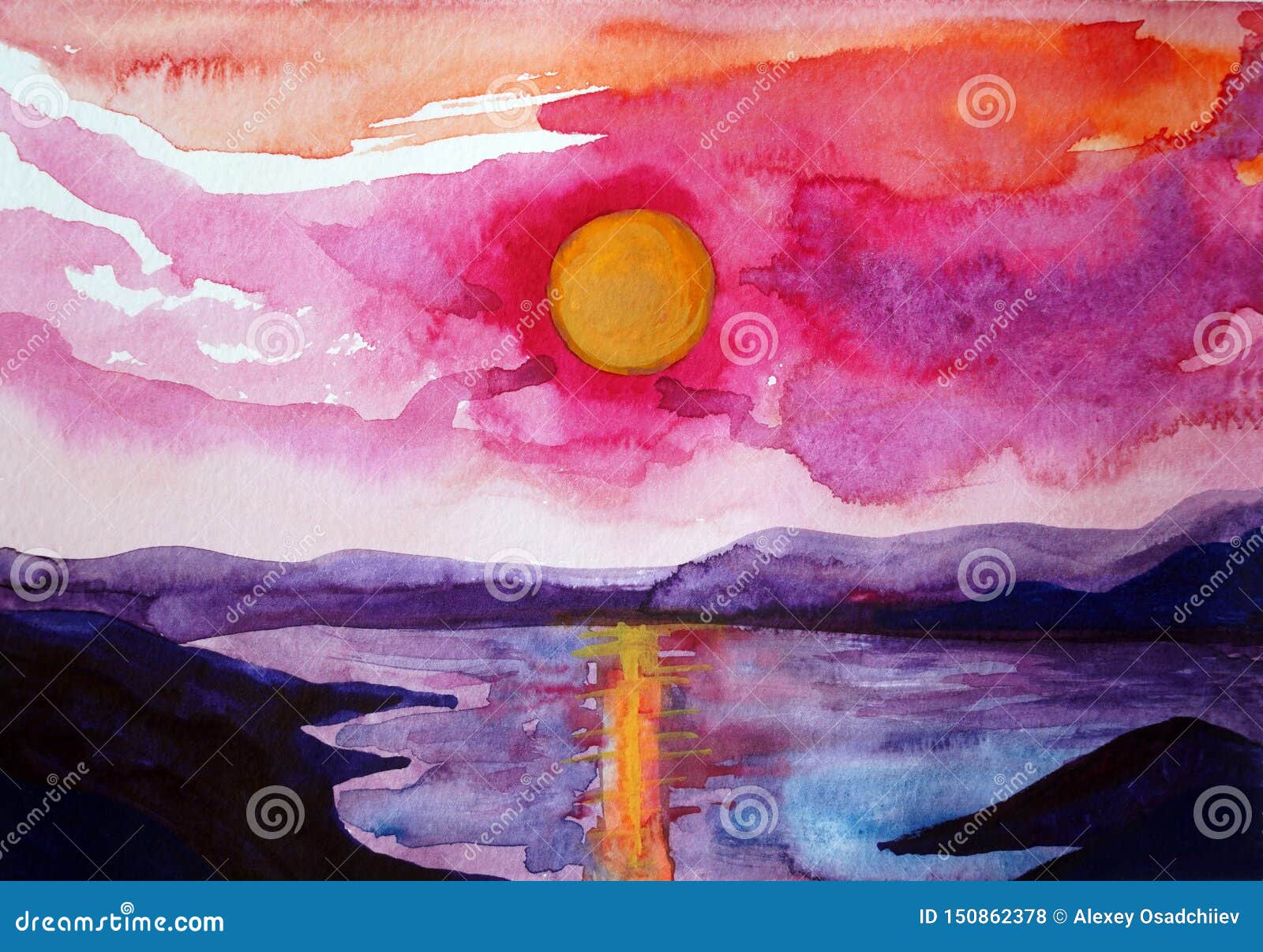 Drawing Of Bright Sunset Sunrise Over The Sea Stock Photo Image