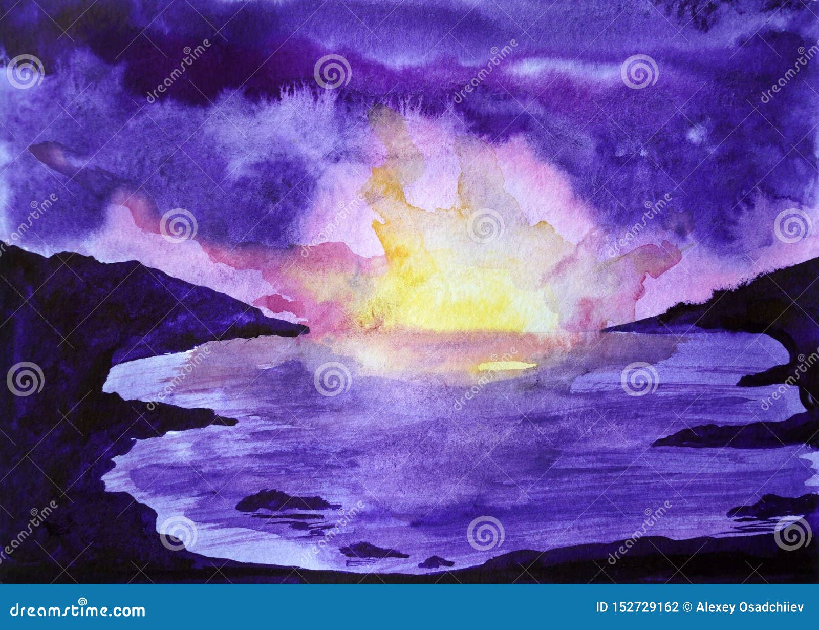 Drawing Of Bright Sunset Sunrise Over The Sea Stock Illustration