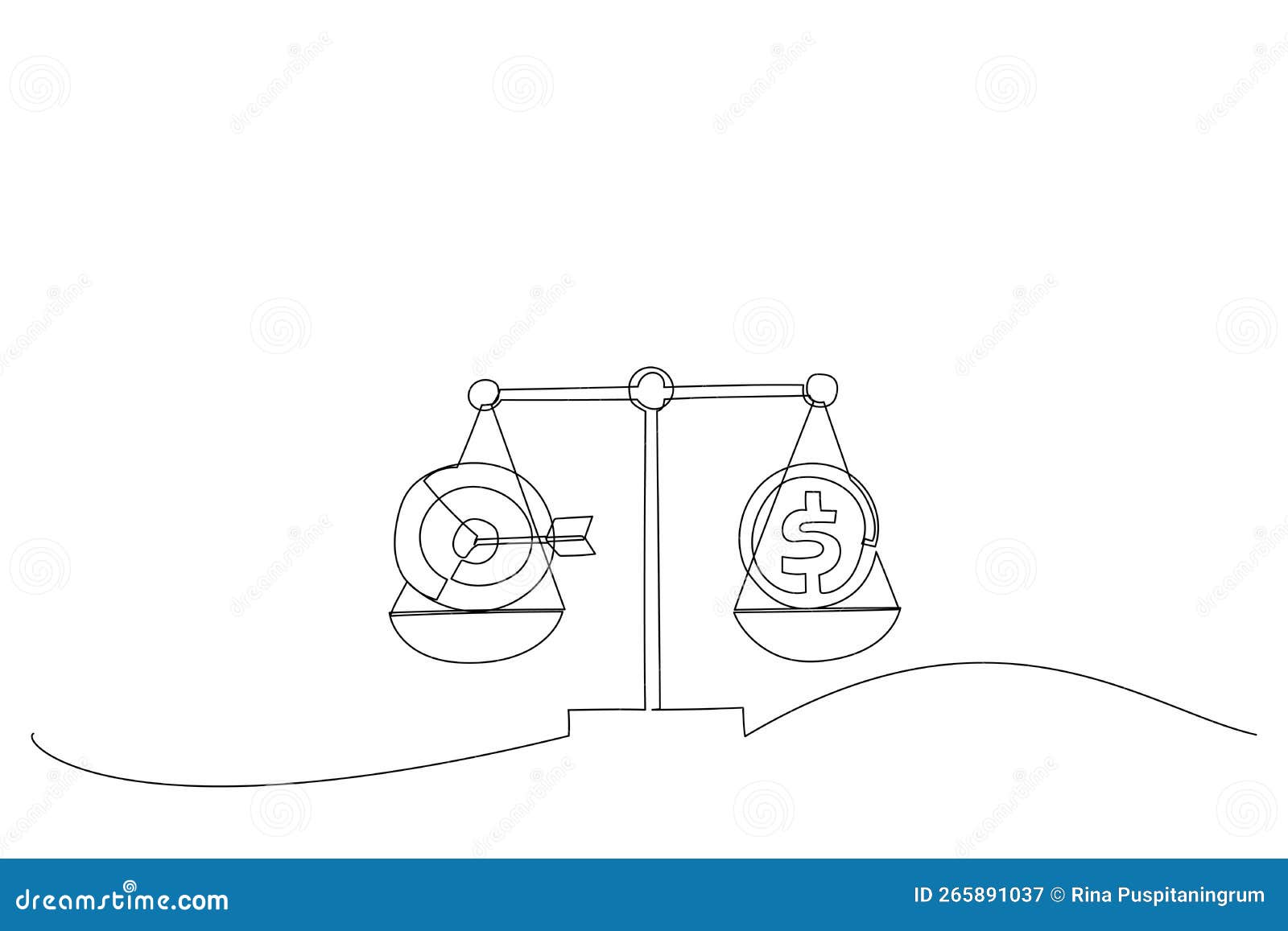 drawing of business target vs money on scales. single line art style