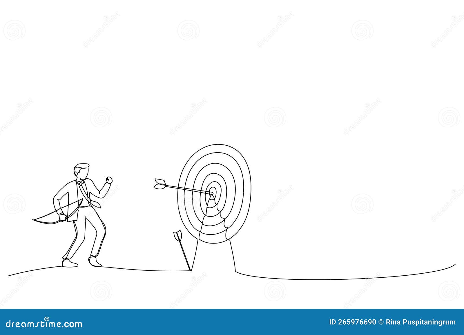 drawing of businessman finally hit target after too many unsuccessful tries. metaphor for effectiveness and efficiency to measure