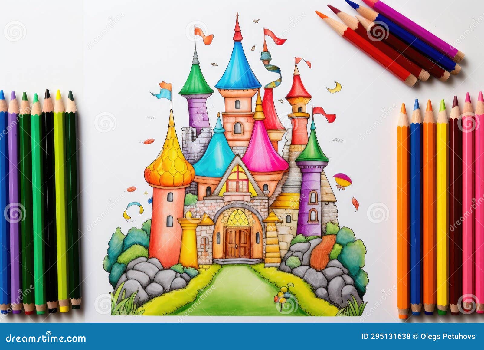 A Drawing of a Castle with Colored Pencils Next To it. Generative Ai ...