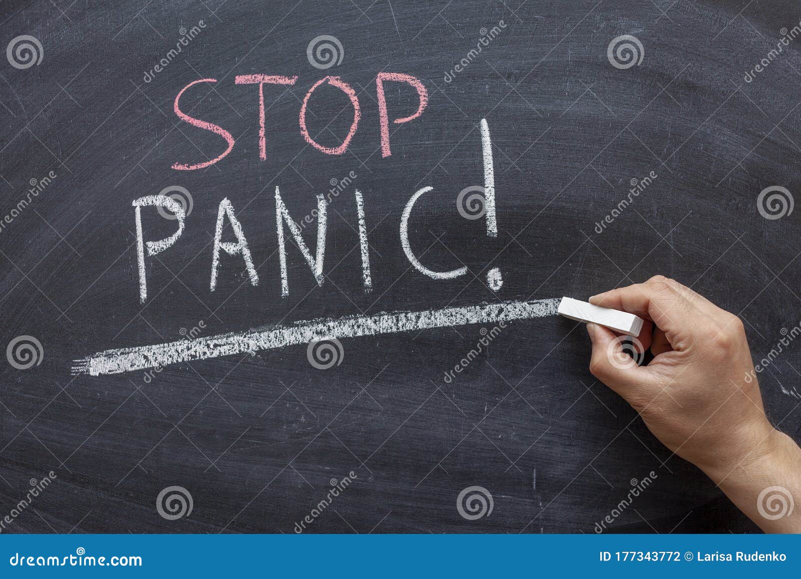 Drawing with Chalk on a Black Blackboard, Handwritten Text Stop Panic