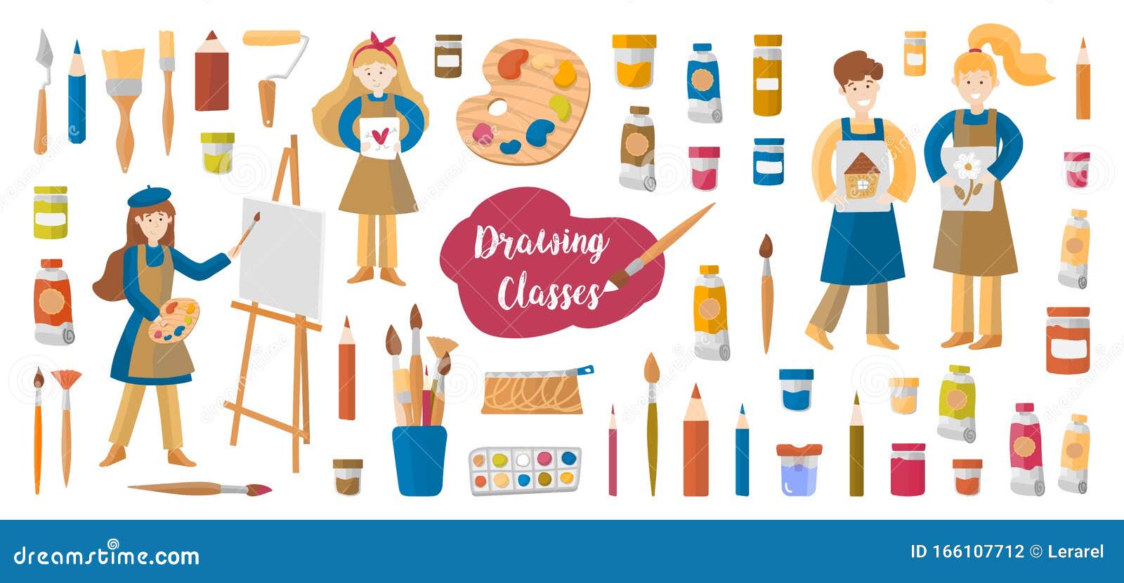 Drawing Classes Flat Mega Set with Artists, Paints, Brushes Vector Set of Illustrations of an