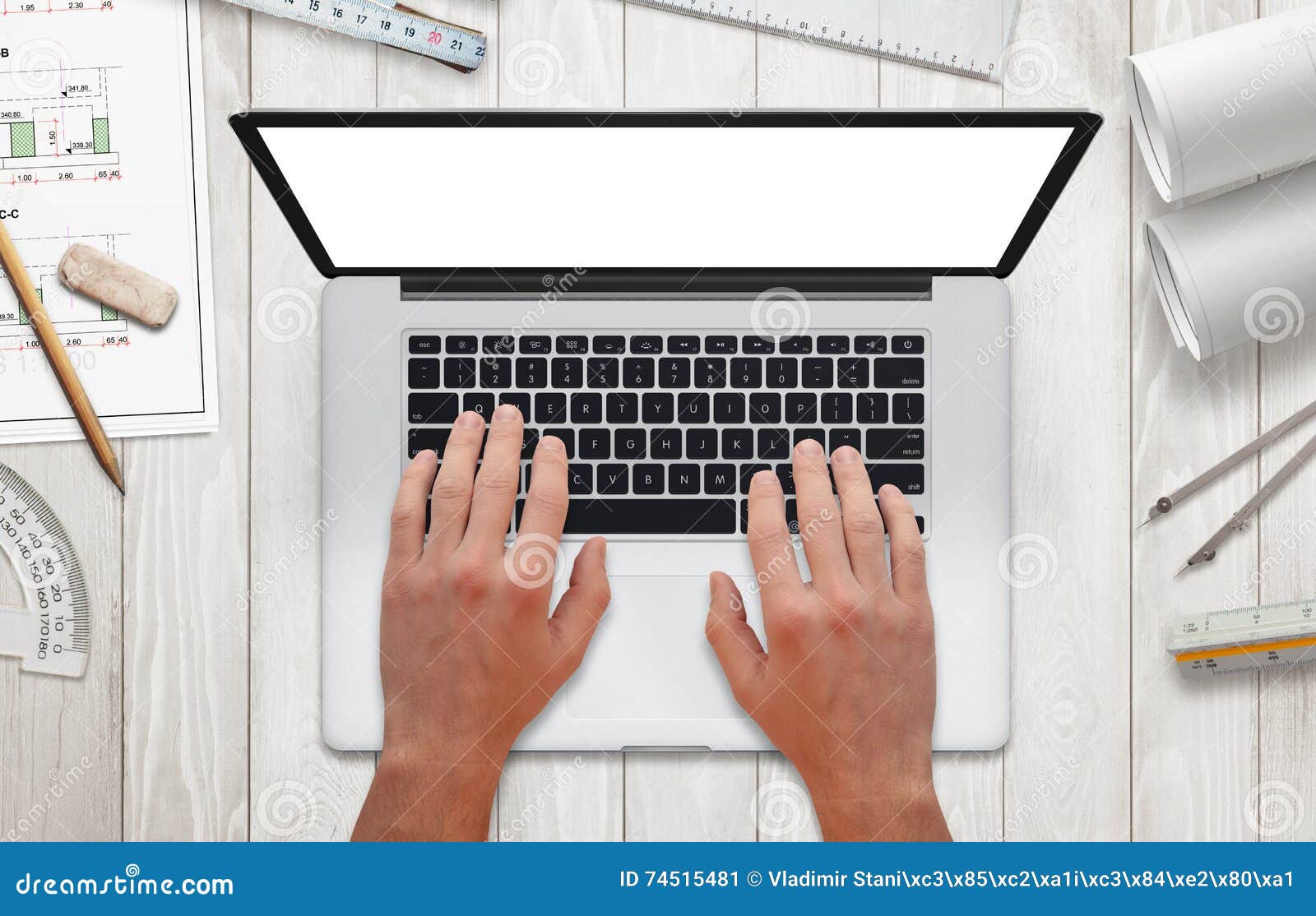 Drawing Construction Project on Laptop Computer Stock Image - Image of