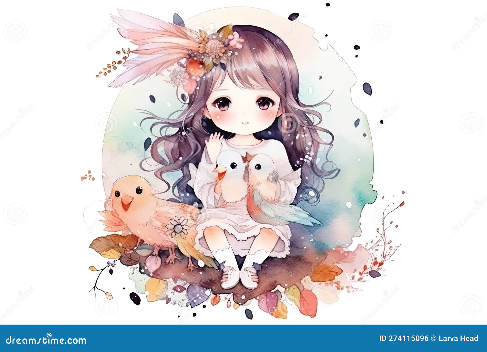 Cute Girl Anime Kawaii Watercolor Ilustration AI Generated Stock