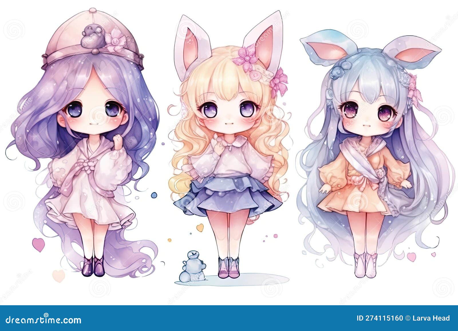 Cute Girl Anime Kawaii Watercolor Ilustration AI Generated Stock