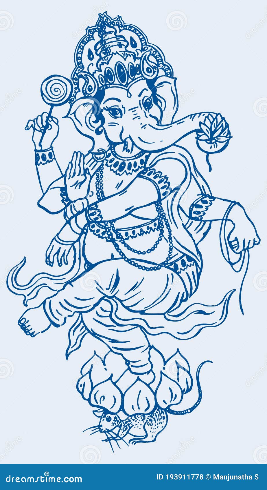 Drawing of Dancing Lord Ganesha Above the Lotus and Mouse Outline ...