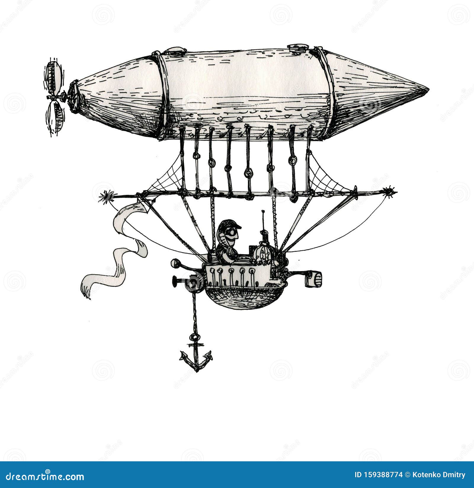 vintage airship in steam punk style.  of flight. ink drawing.