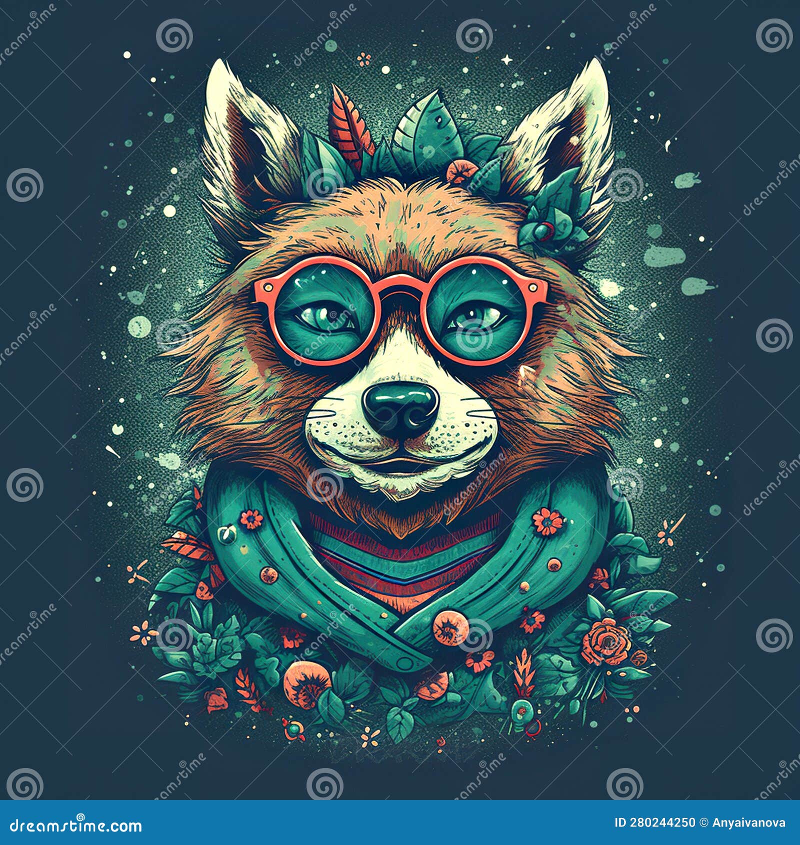 A Drawing of a Dog Wearing Sunglasses and a Scarf. Generative AI Image. Stock Illustration