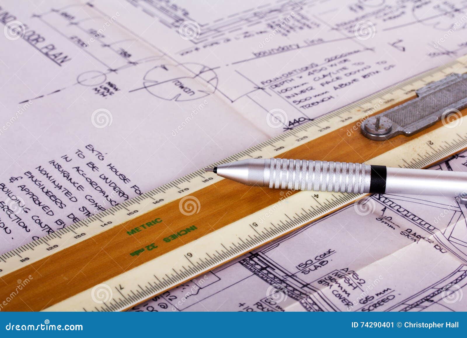 Drawing Equipment with Detailed Architects House Plans Stock Image