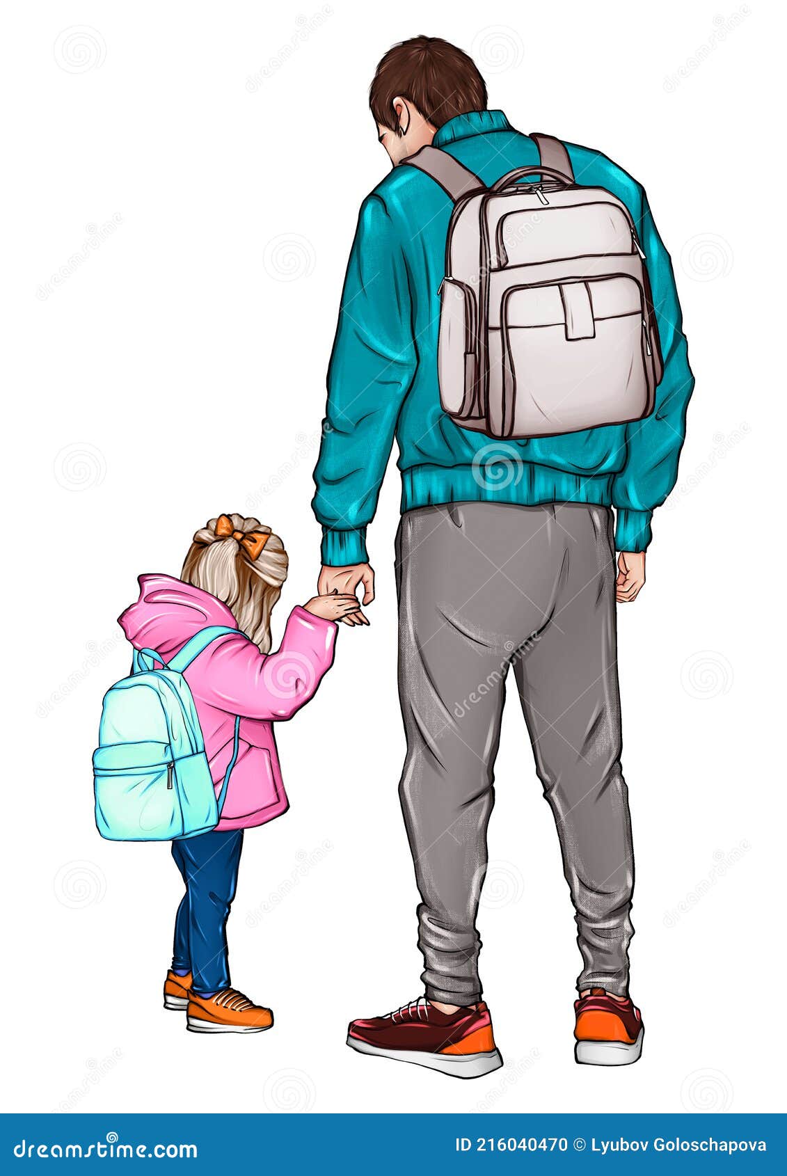 Drawing Father and Daughter Together Holding Hands on White Background