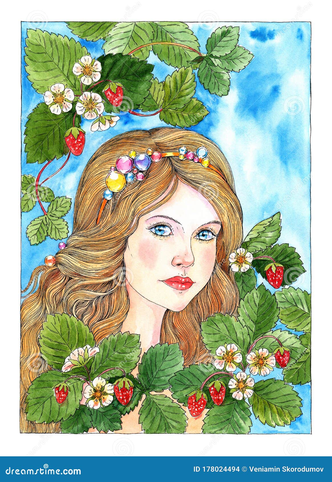 Drawing Girl with Flowers and Berries ...