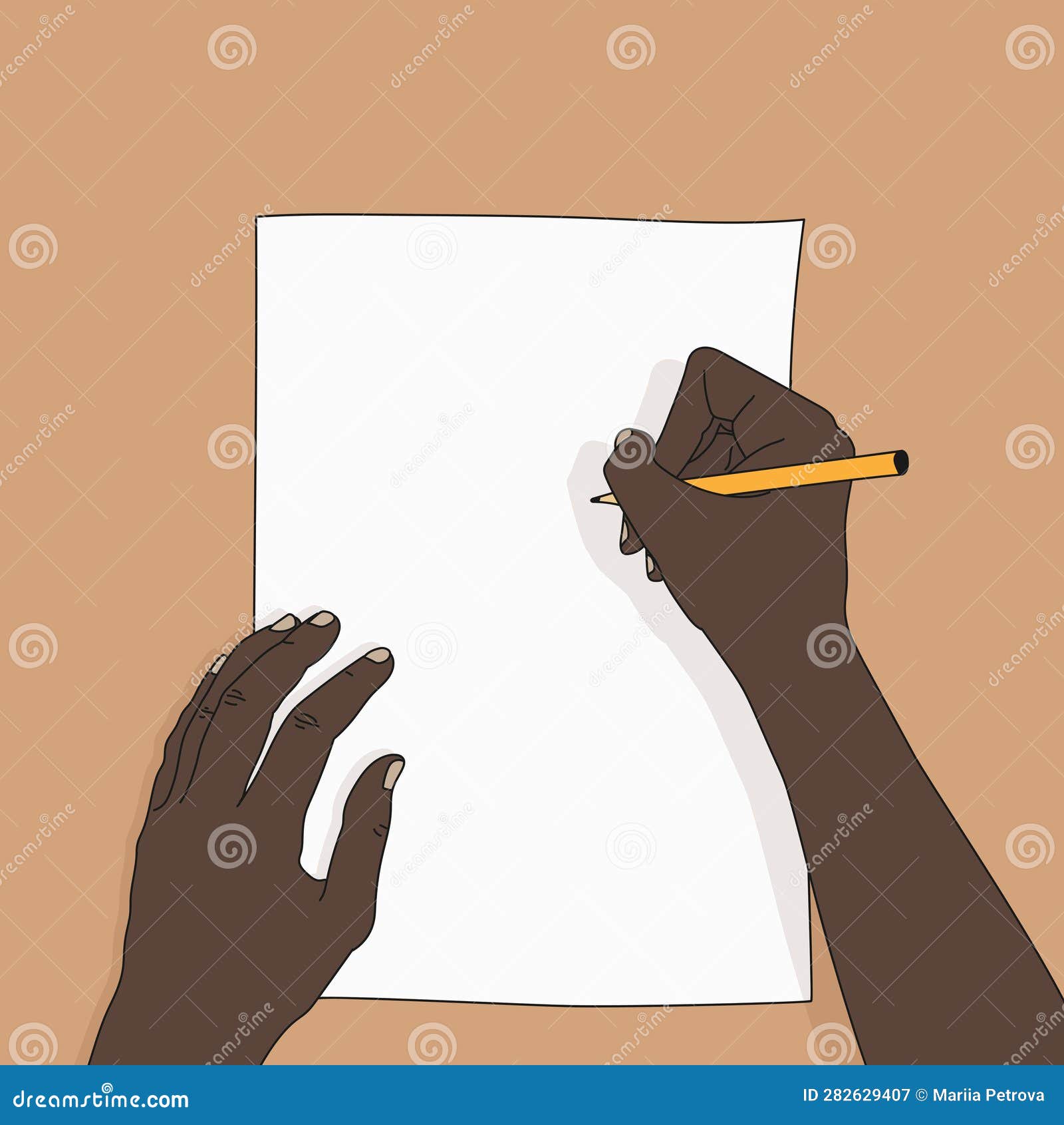 Drawing Hand with a Pencil and a White Sheet of Paper. Pencil in a