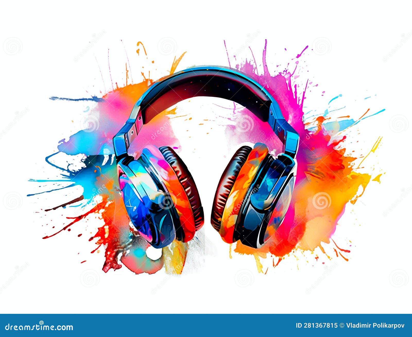 Drawing Headphones with Paint Splatter Isolated on White Background