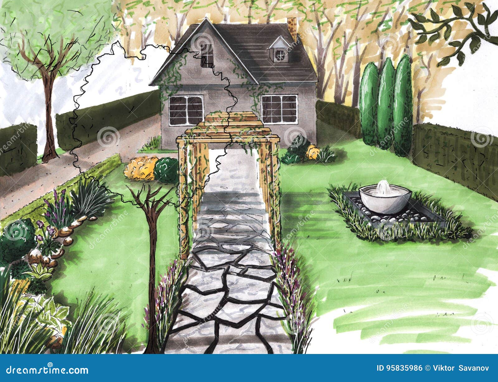3d rendering sketch of modern cozy house in garden with garage for sale or  rent Black line sketch with white spot and hand drawing entourage on craft  background Stock Illustration  Adobe