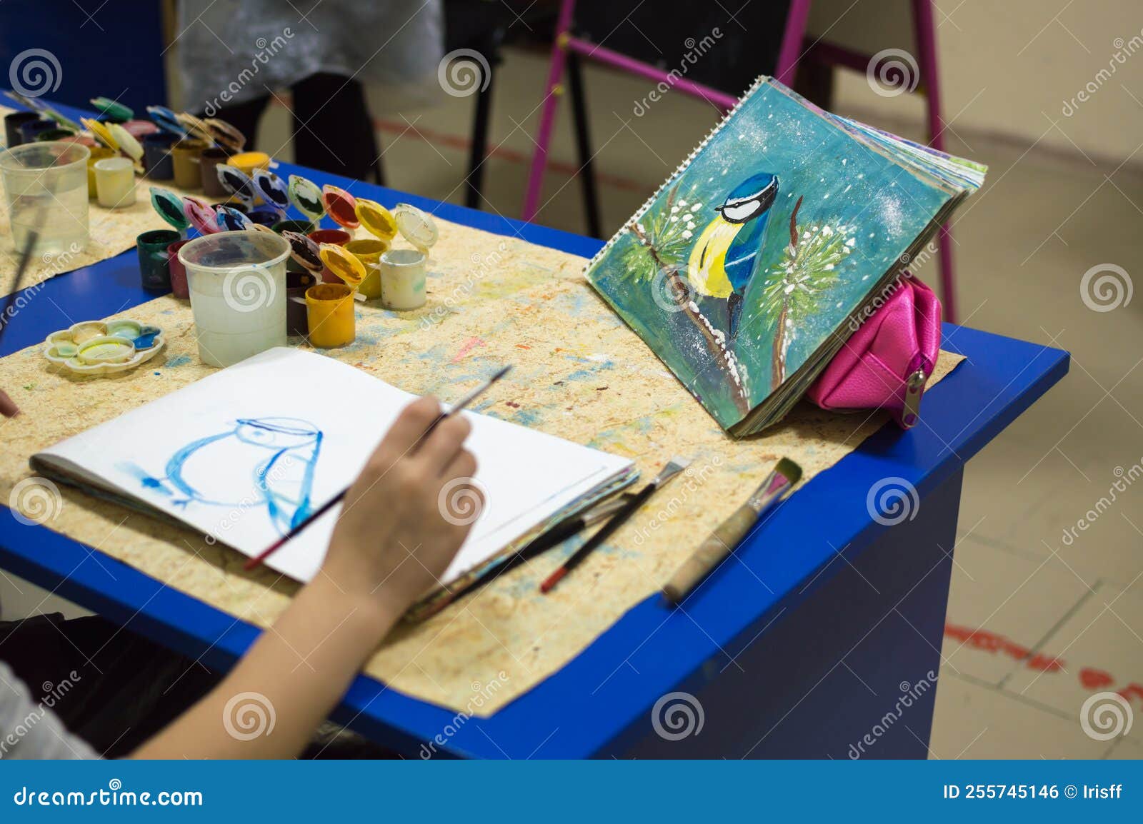 Drawing Lesson. Children Learn To Draw with Gouache Editorial Photo