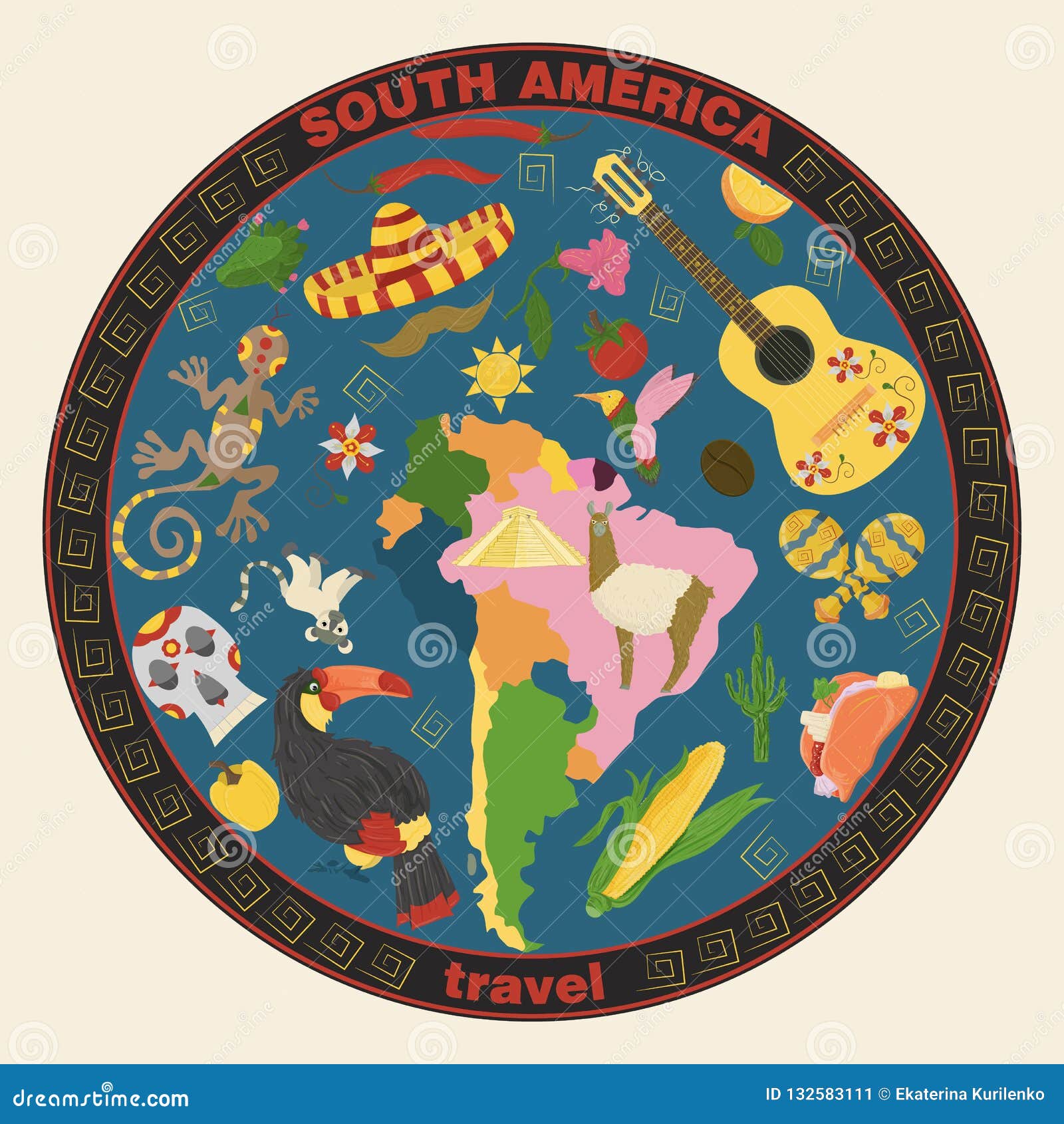 drawing_8_made in flat style on the theme of south america, animals, buildings, plants, holidays, continent map, food  elem