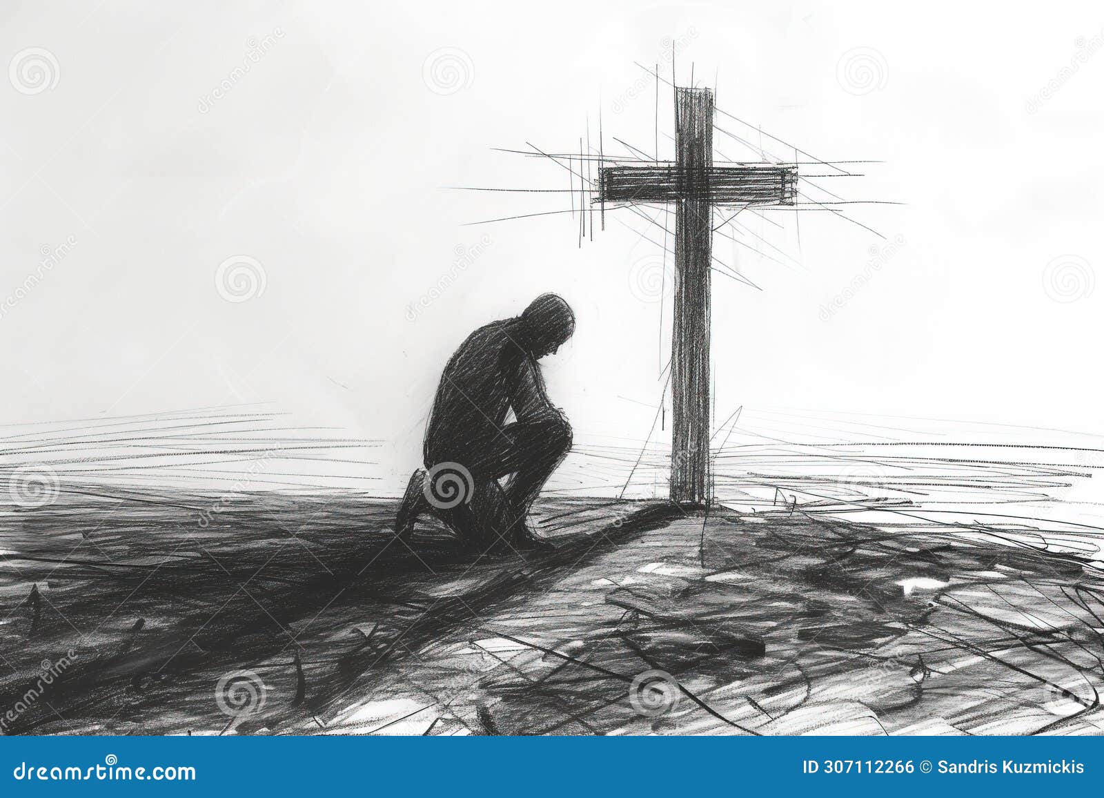 Drawing of a Man Kneeling at the Cross Generative AI Stock