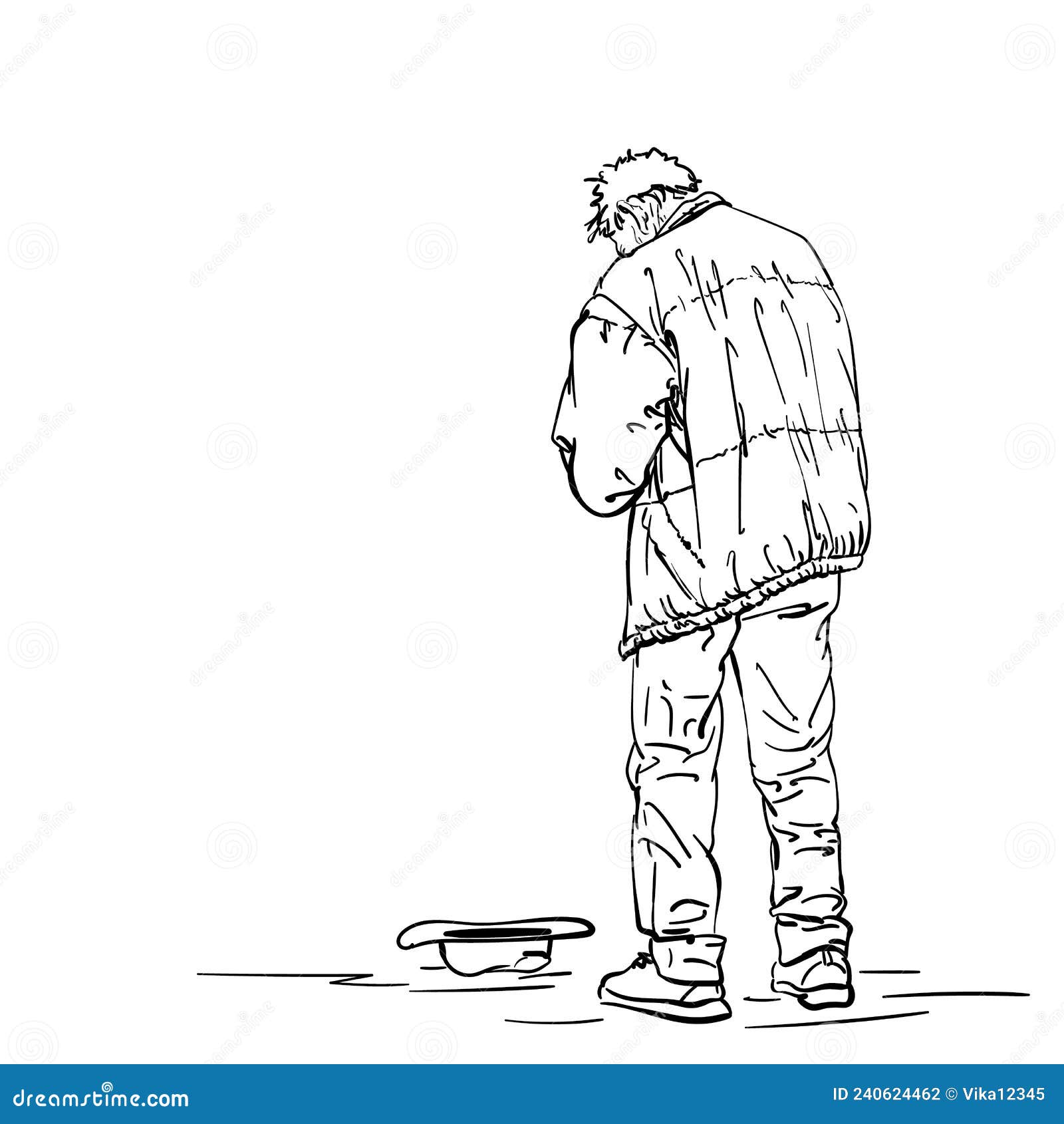 Drawing of Man Old Beggar is Begging with Hat on Ground. Hand Drawn