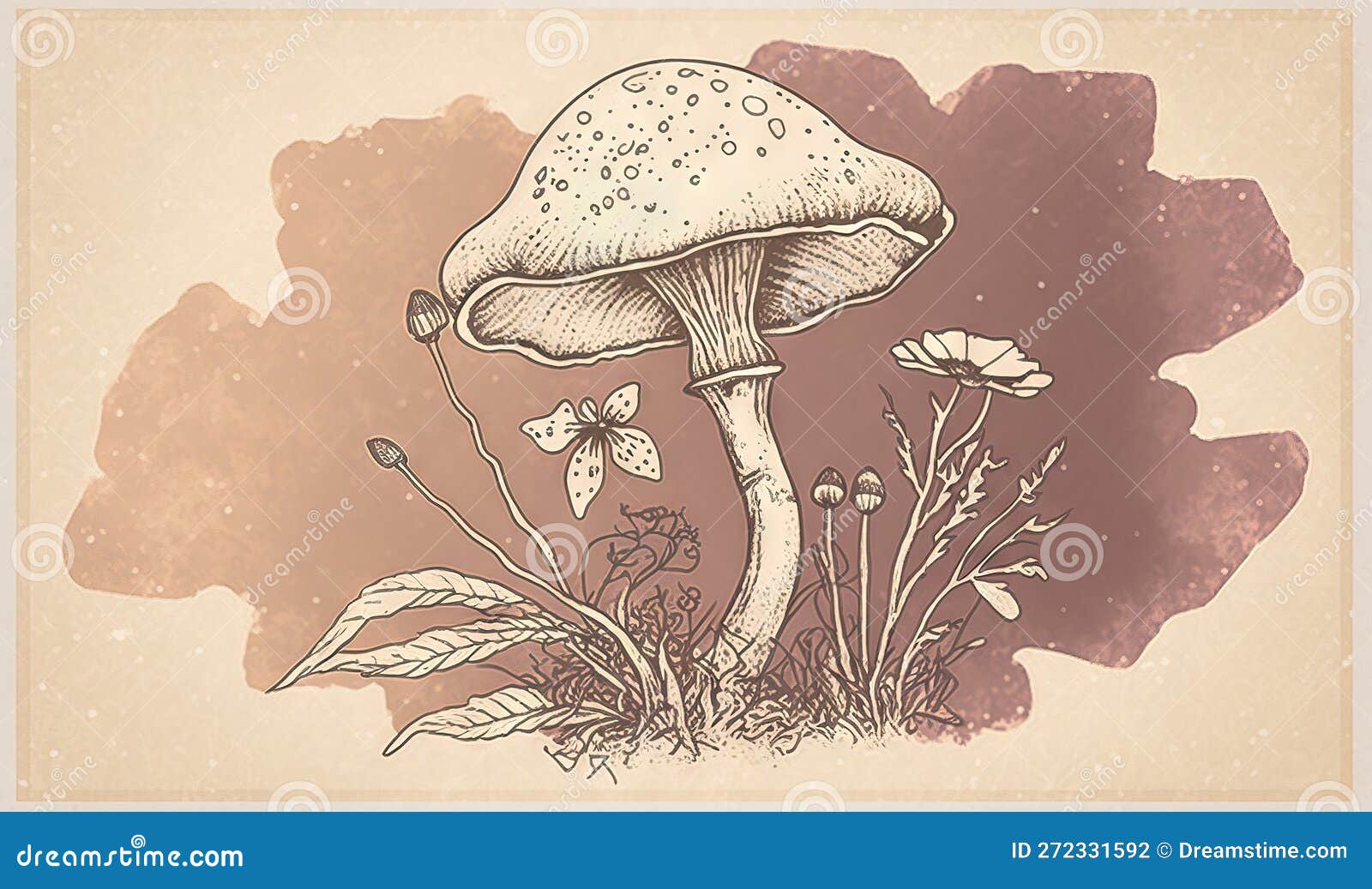 A Drawing of a Mushroom with Flowers and Leaves Around it Stock