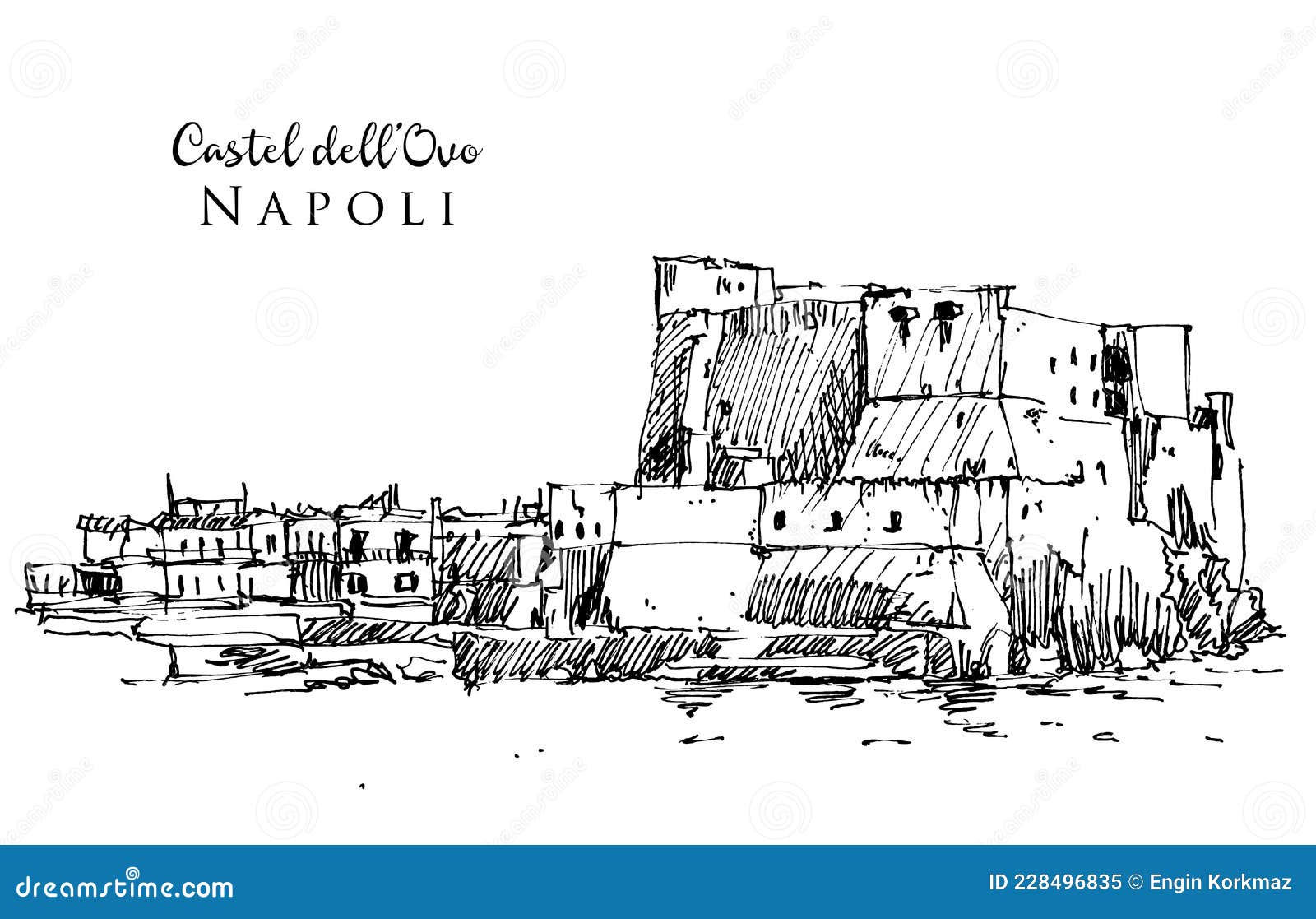 drawing sketch  of castel dell`ovo in naples, italy