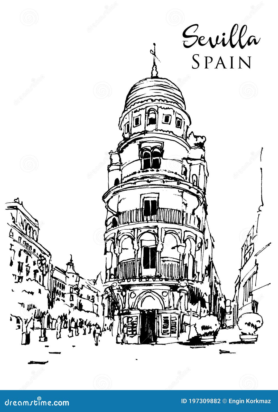 drawing sketch  of edifico la adriatica in sevilla, spain