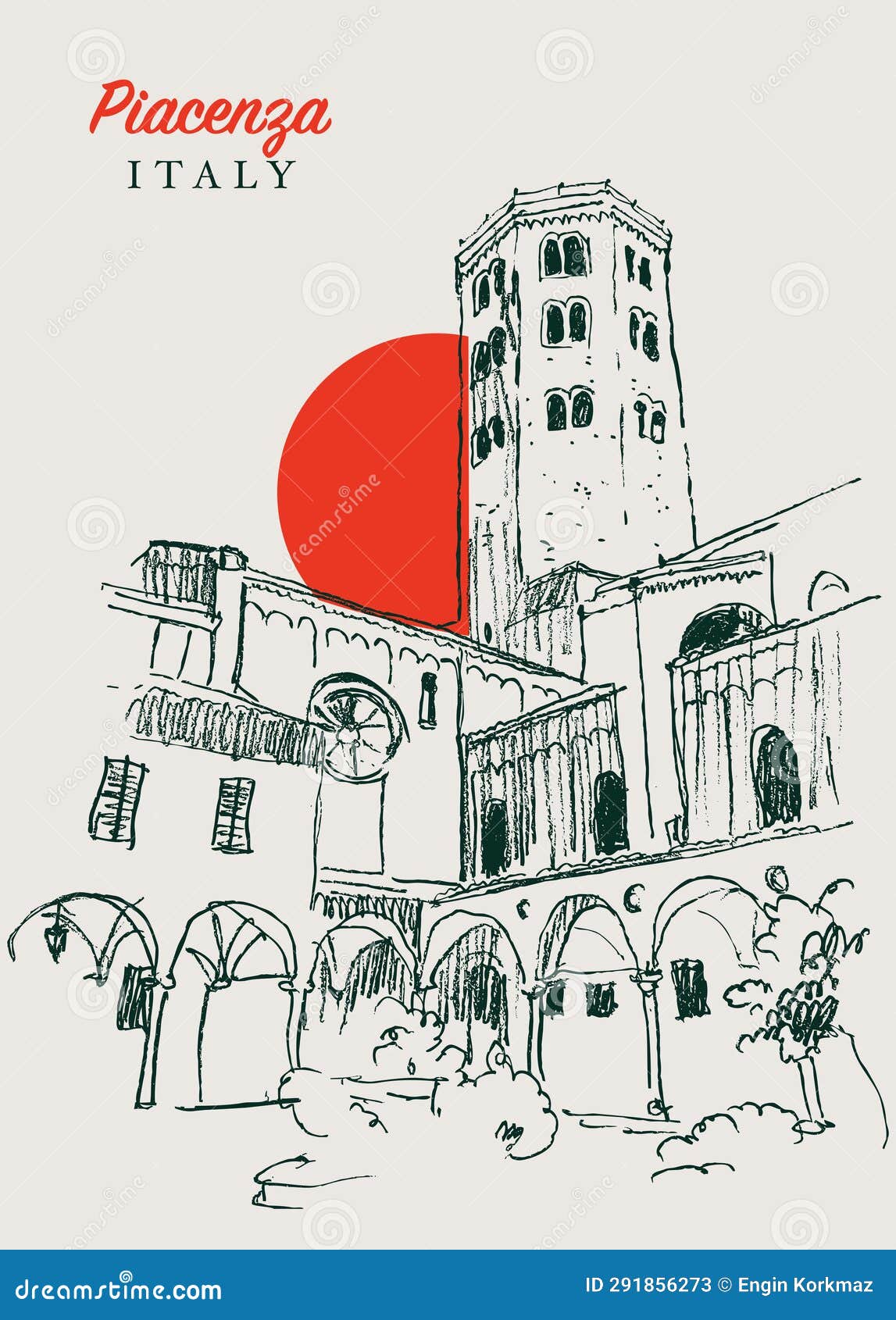 drawing sketch  of sant'antonio church in piacenza, italy