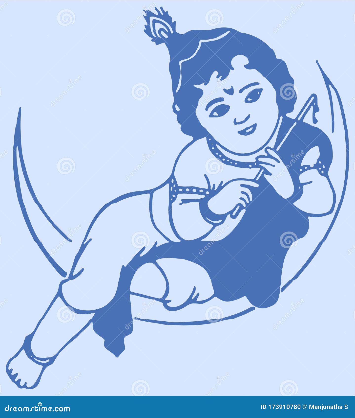 Drawing or Sketch of Little Krishna Sitting Above the Moon. Bal Krishna on  the Moon with Flute Stock Vector - Illustration of background, religion:  173910780