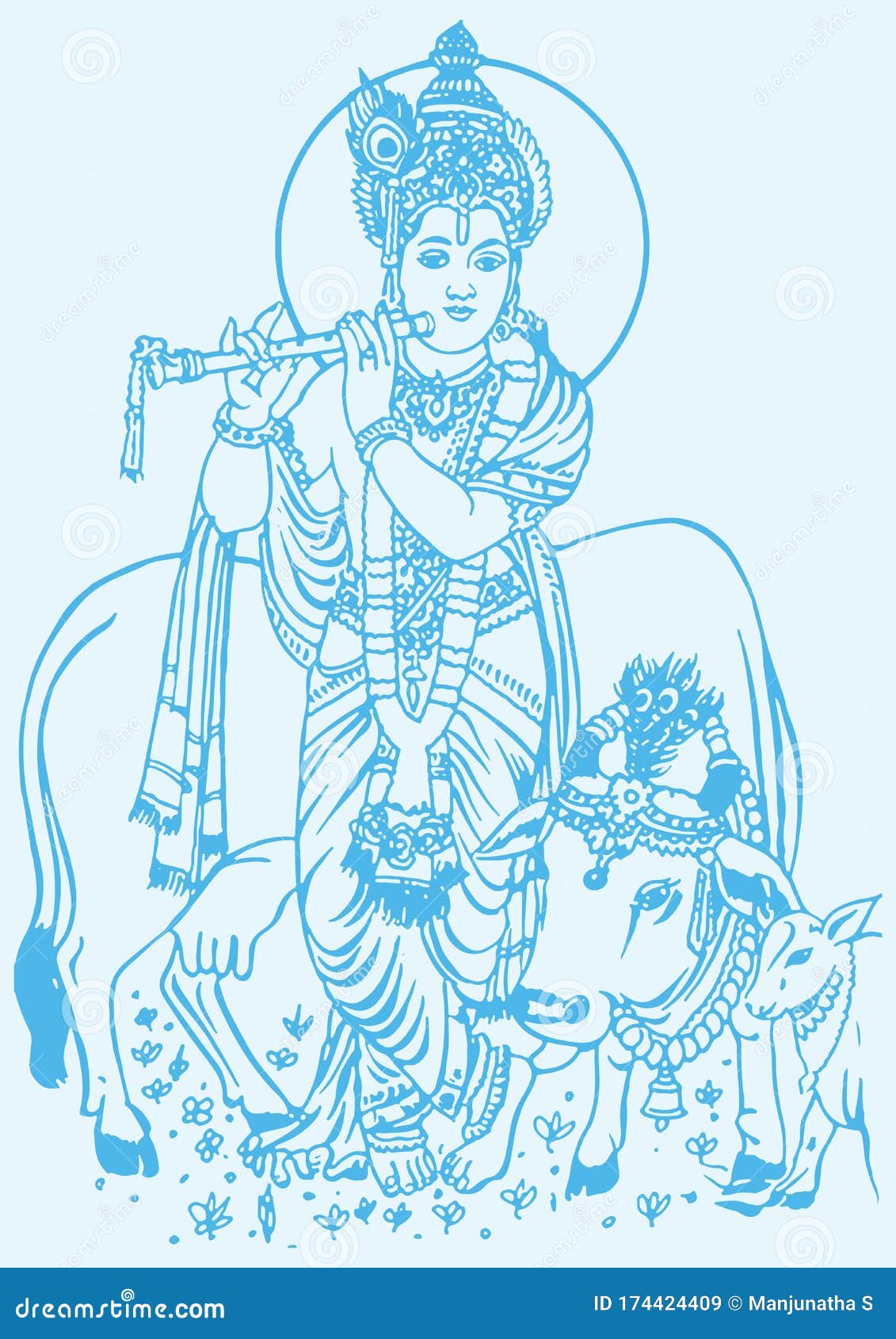 Drawing or Sketch of Lord Krishna Standing with Flute and Back of ...