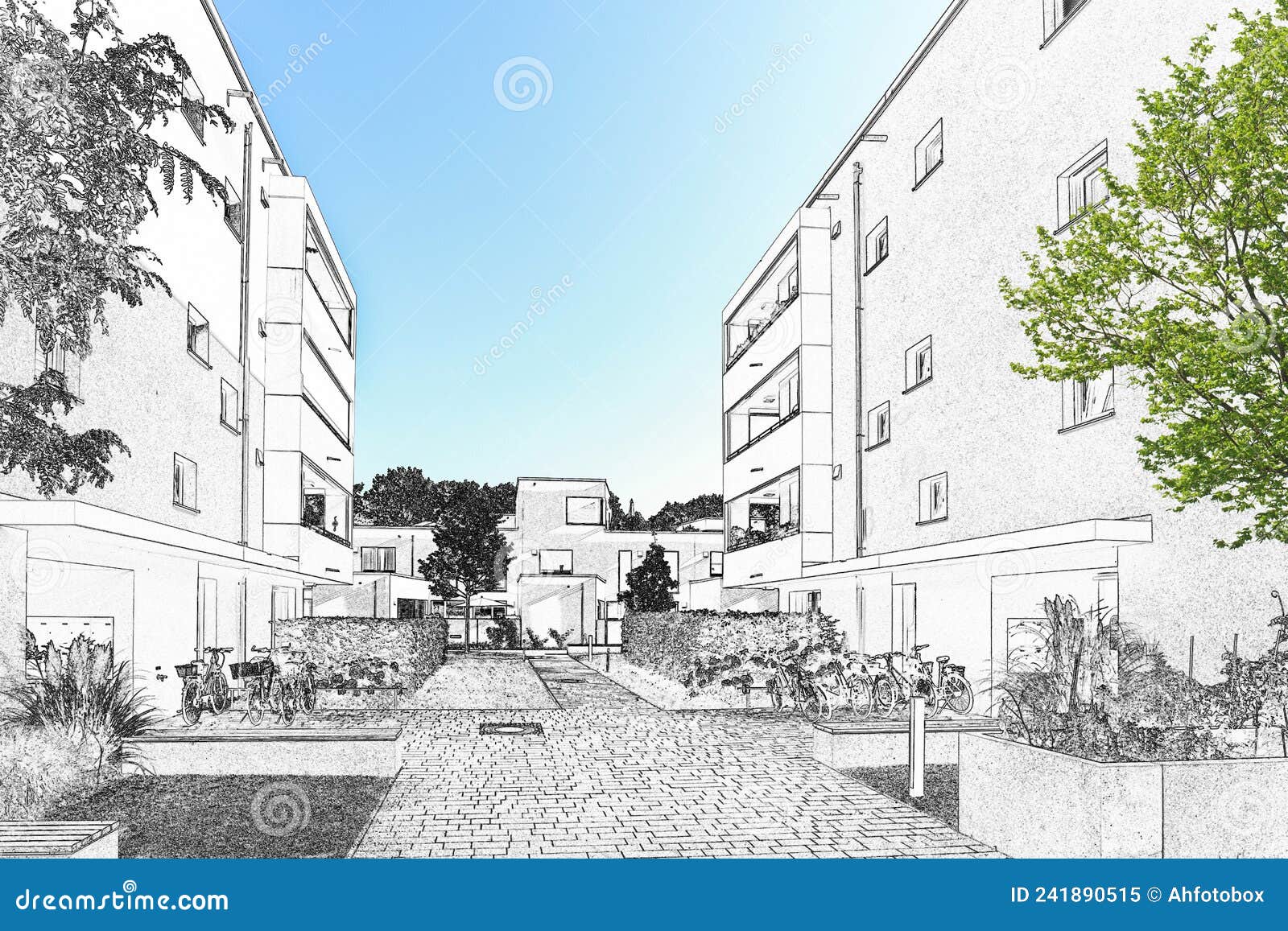 Drawing Sketch of a Residential Area with Modern Apartment ...