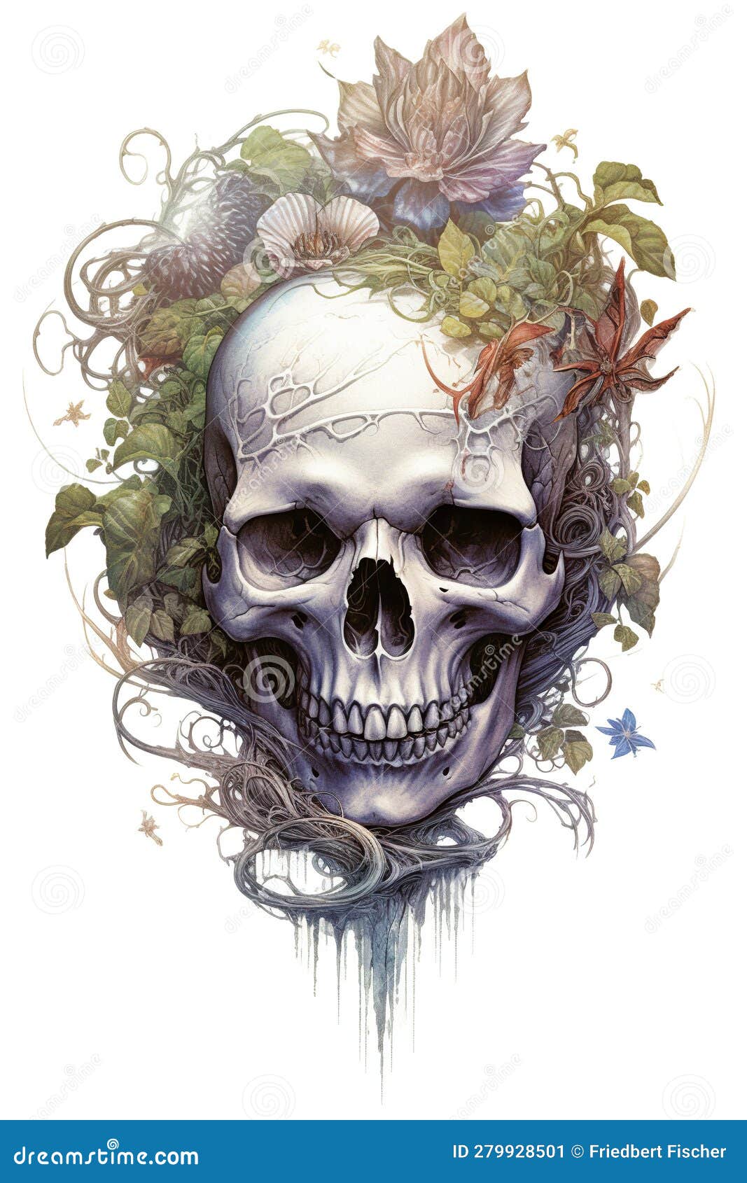 A Drawing of a Skull with Vines and Flowers. Generative AI Image. Stock ...