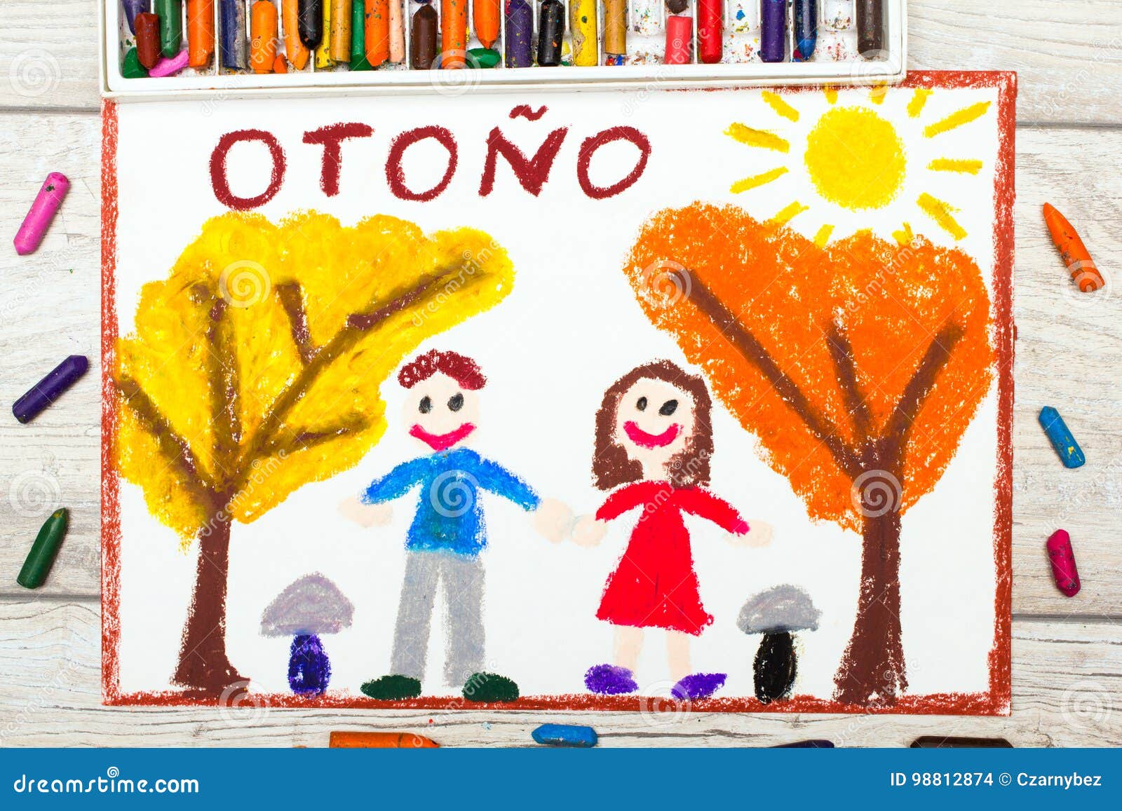 drawing: spanish word autumn, smiling couple and trees