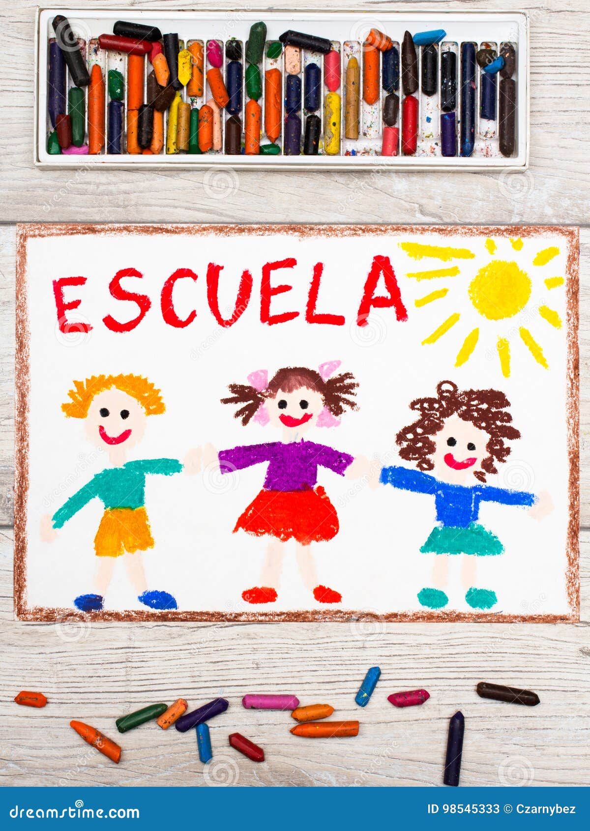 drawing: spanish word school and happy children.