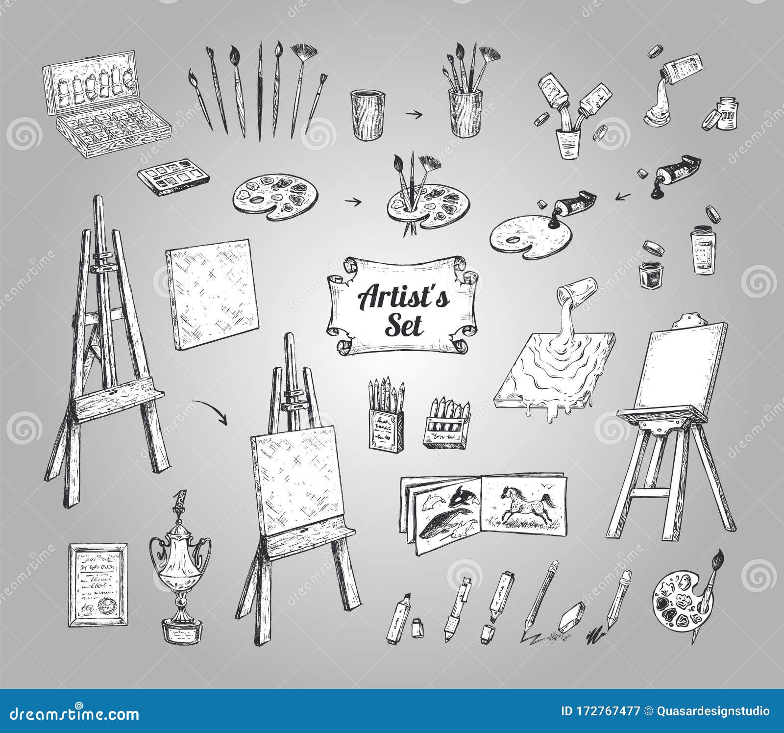 Set of cute hand drawn drawing tools including pencils; pens; watercolor;  eraser; pastel; brush; and others. Vector hand drawn art collection Stock  Vector