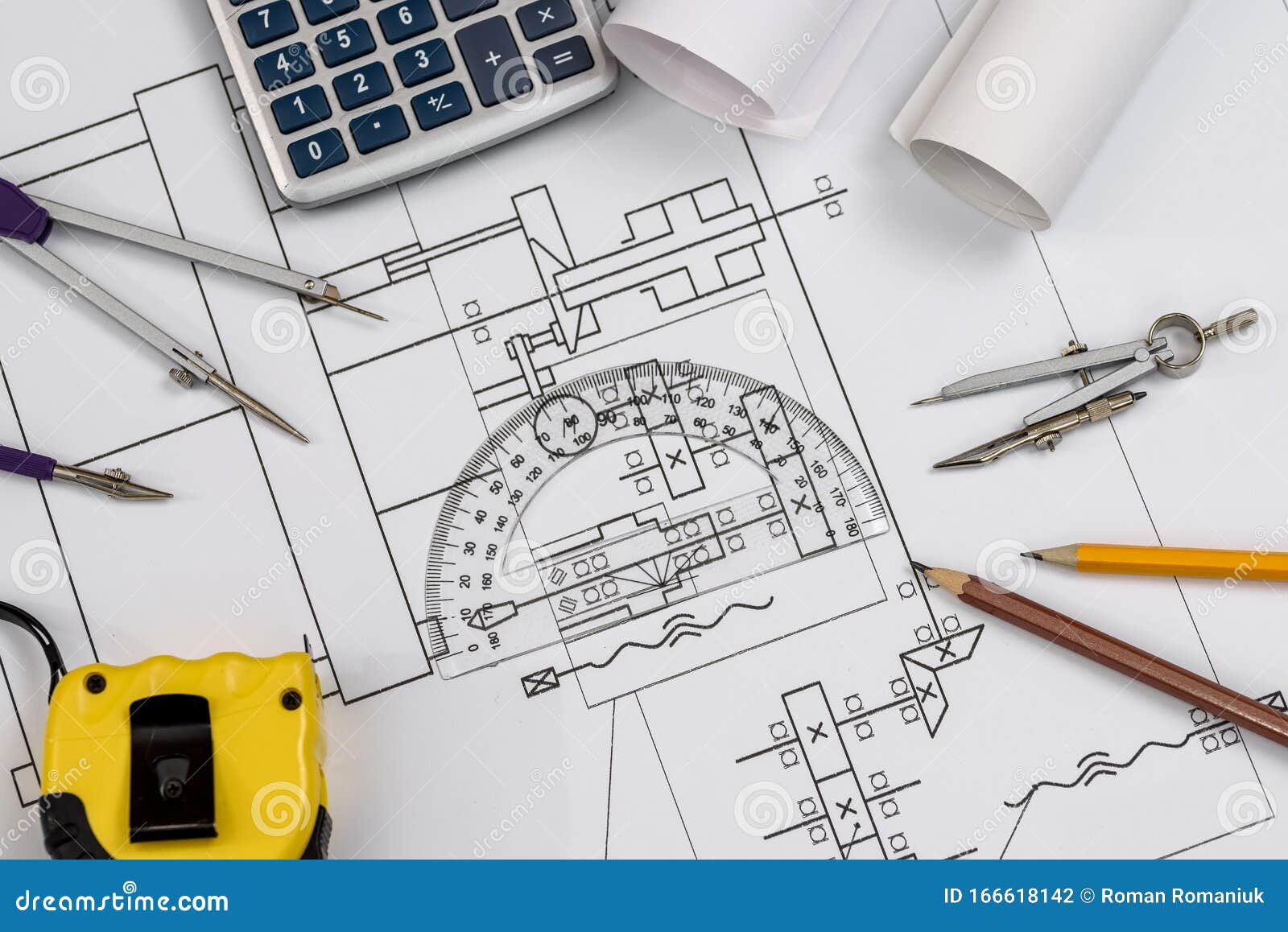 Drawing Tool Scale on Technical Sketch Close Up Stock Illustration