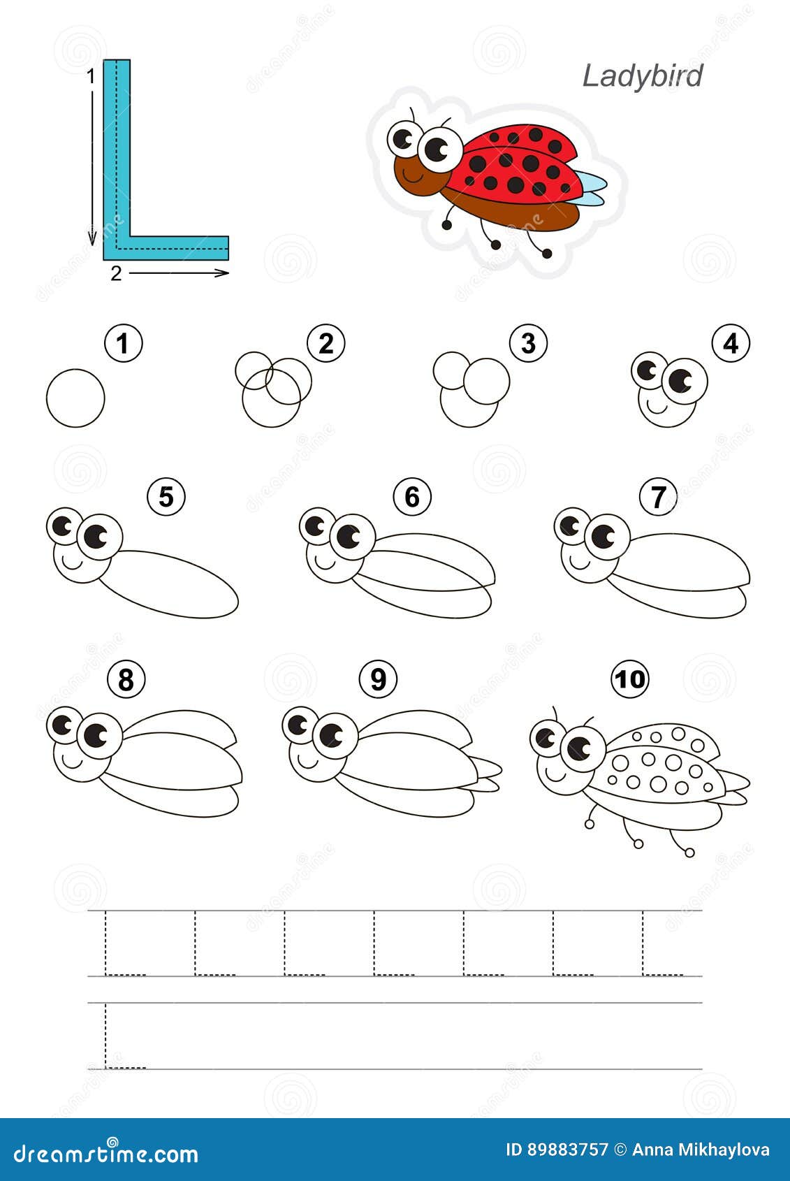 Drawing Tutorial Game  For Letter  L  Funny Ladybug Stock 