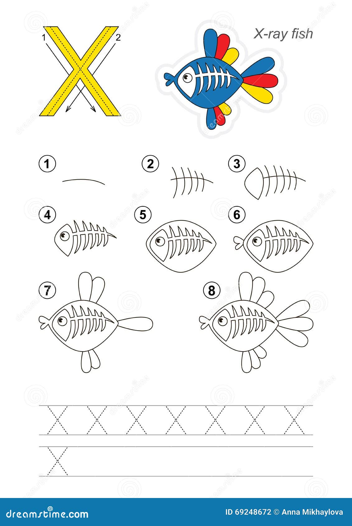 Drawing Tutorial. Game for Letter X Stock Vector Illustration of