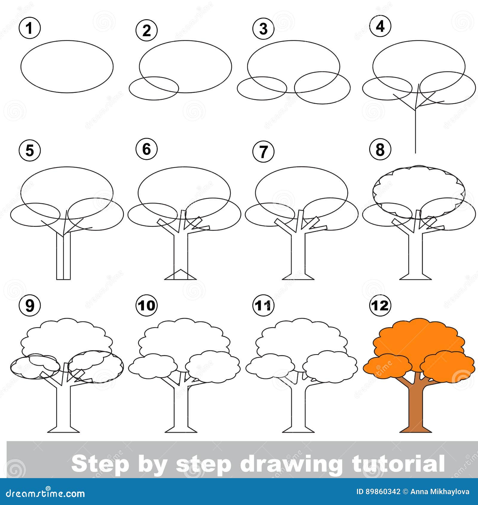 Drawing tutorial. Tree. stock vector. Illustration of autumn - 89860342