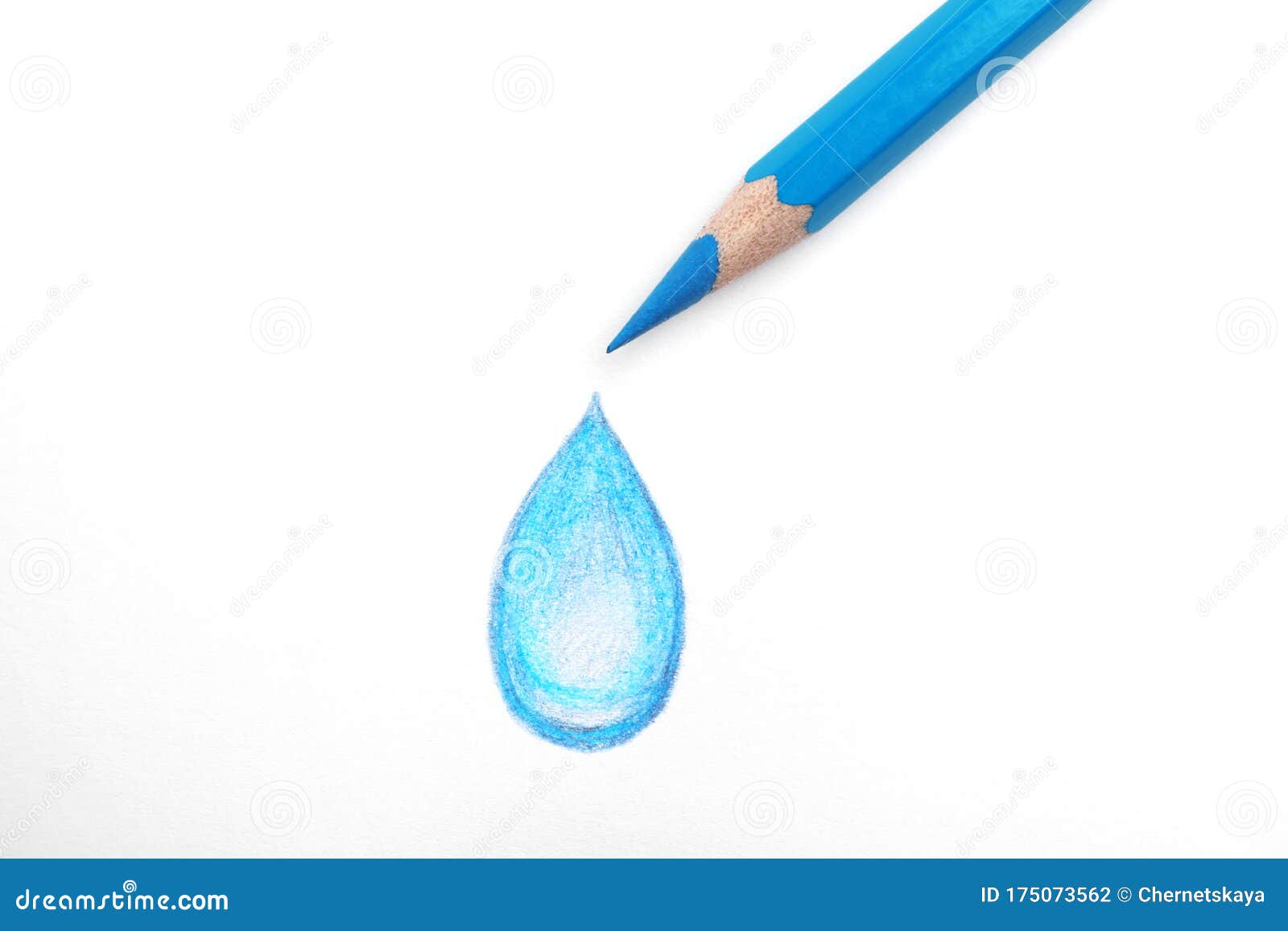 Drawing of Water Drop and Light Blue Pencil on Background, Top View